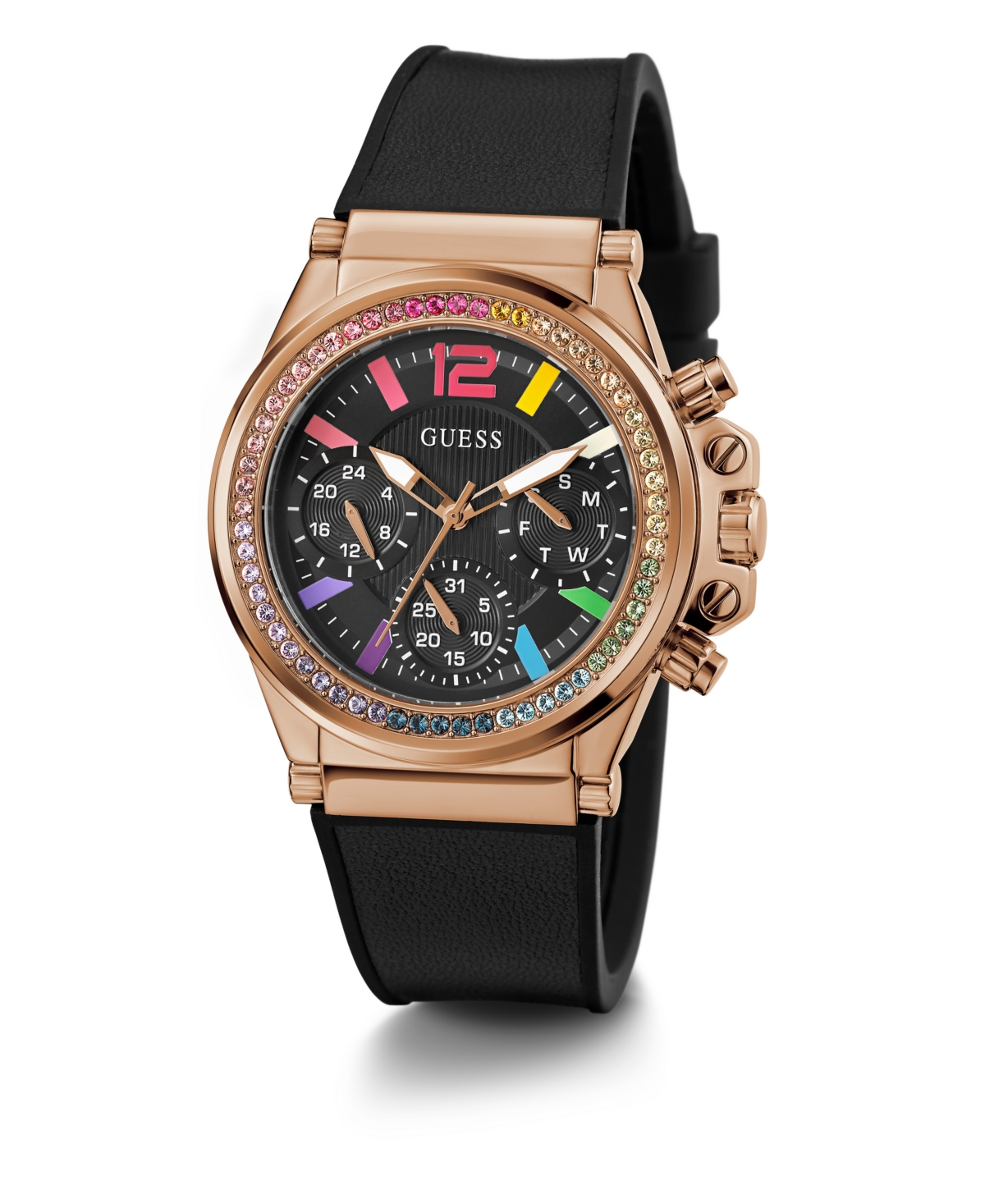 Shop Guess Women's Multi-function Black Genuine Leather And Silicone Watch, 38mm