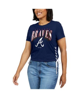 Women's Navy Atlanta Braves Side Lace-Up Cropped T-shirt