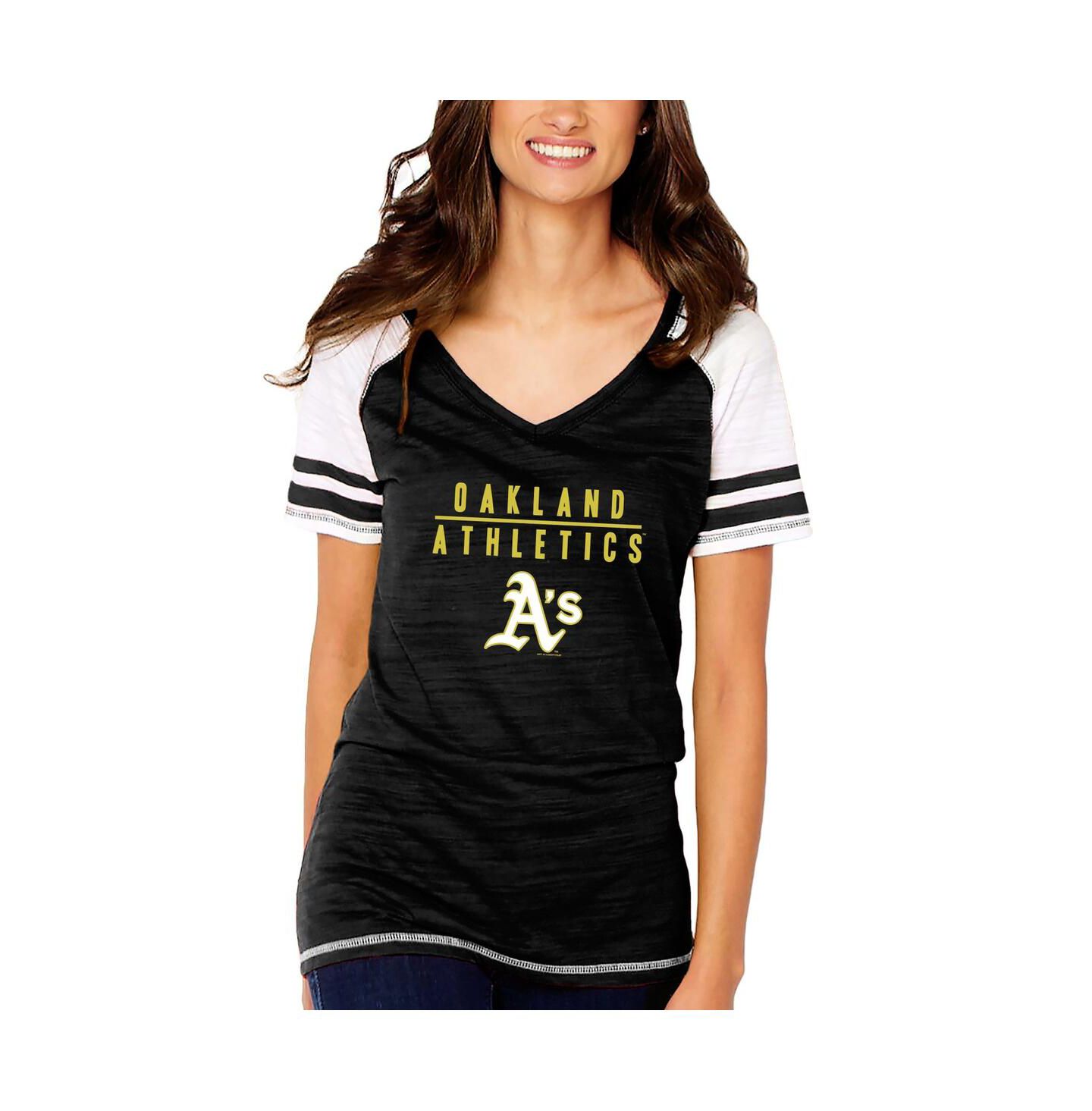 Женская футболка Soft As A Grape Black Oakland Athletics Color Block V-Neck — фото 3