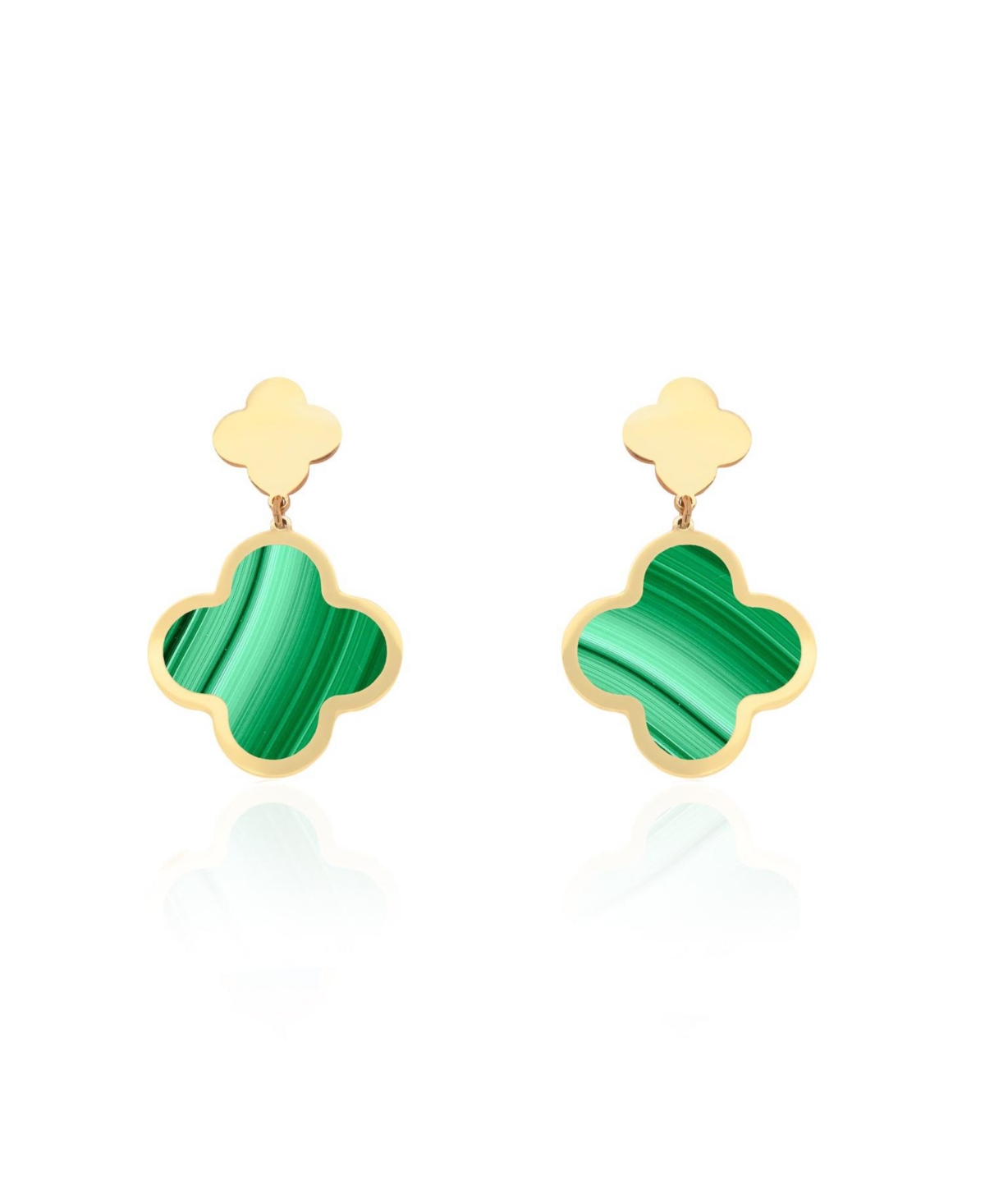 Malachite and Gold Clover Drop Earrings - Green