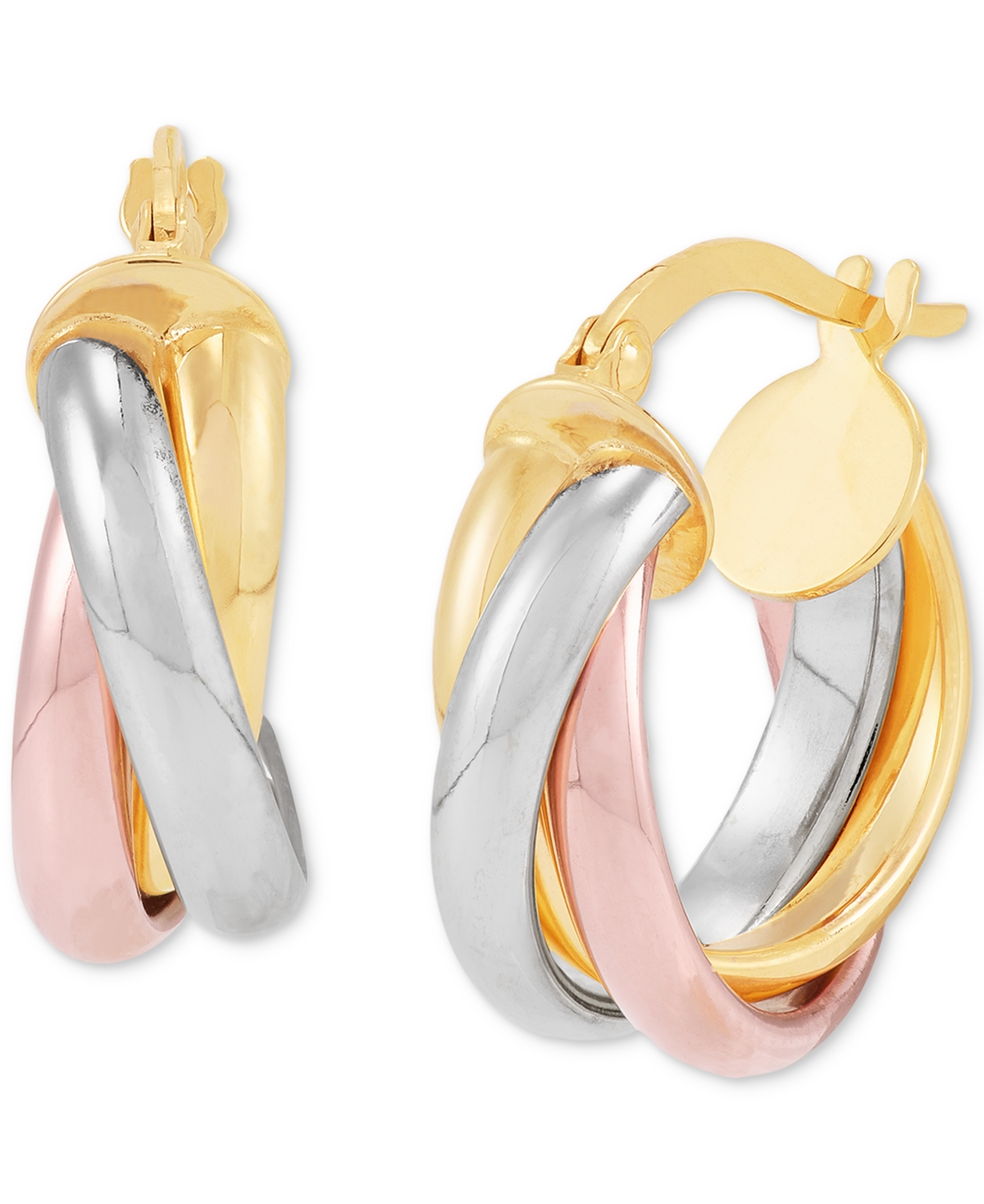 Italian Gold Polished Tube Crossover Small Hoop Earrings in 14k Tricolor Gold, 3/4