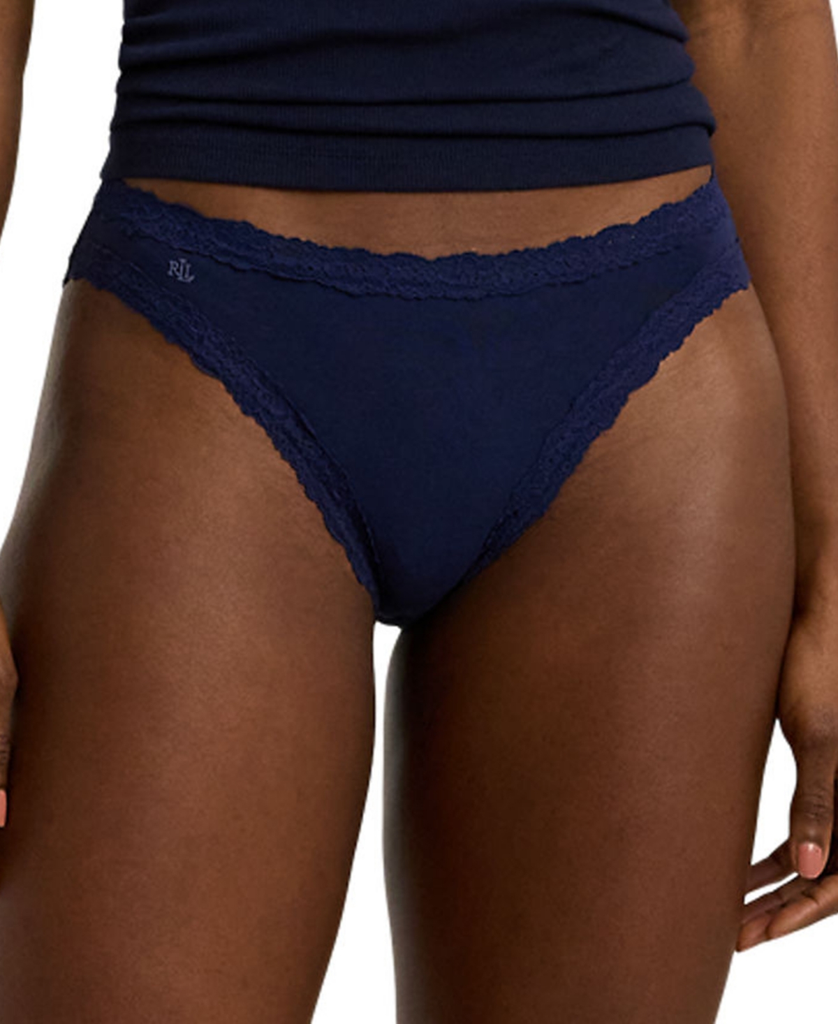 Shop Lauren Ralph Lauren Women's Cotton & Lace Jersey Bikini Brief Underwear 4l0076 In Navy