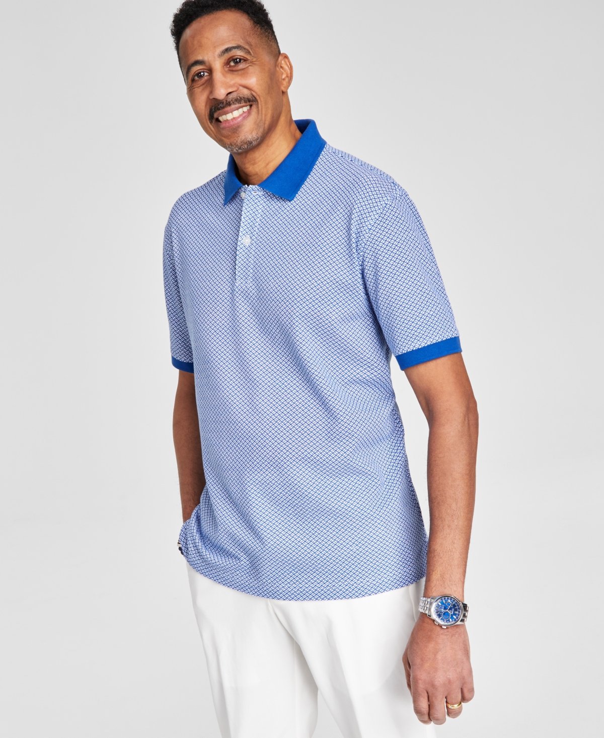 Men's Geometric Short-Sleeve Polo Shirt, Created for Macy's - Royal Blue