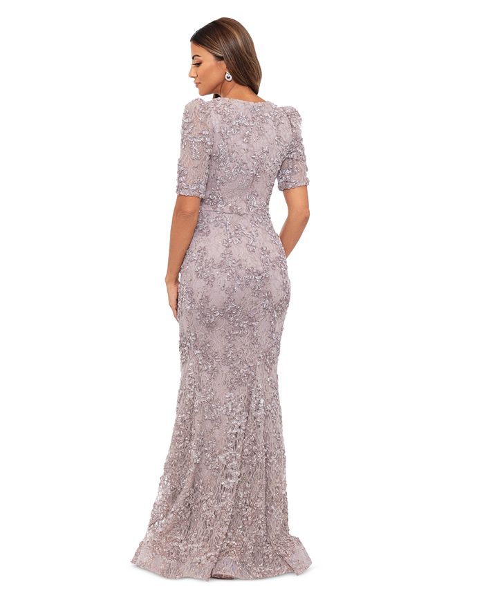 Yaqui Cape-Effect Laser-Cut Floral Lace Gown