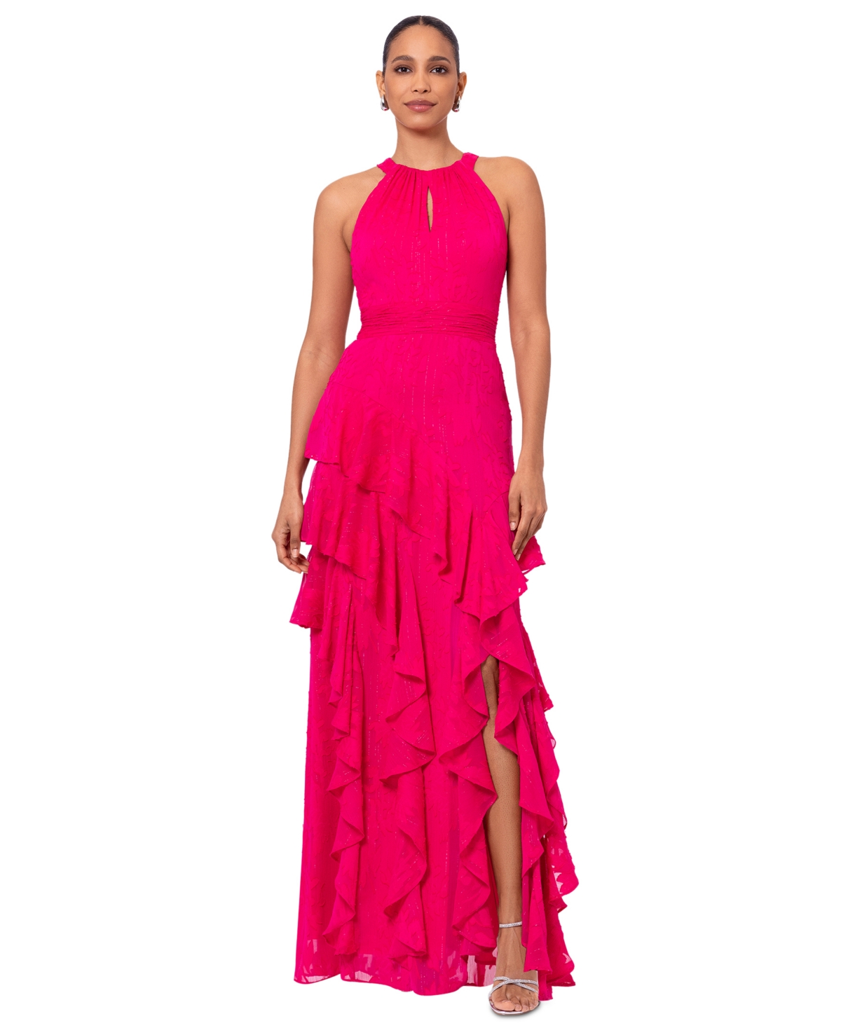 Women's Tiered Ruffled Chiffon Gown - Pink