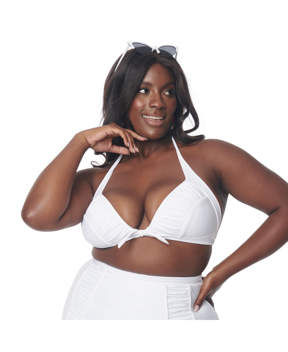 Plus Size Molded Cup & Shirred Band Halter Swim Top - White