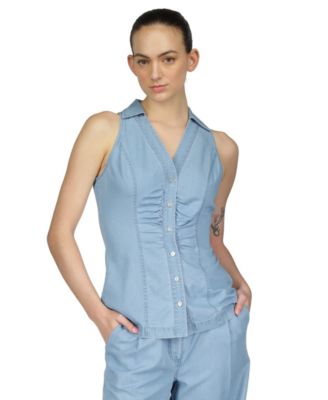 Michael Kors - Petite Solid Button-Front Halter Top