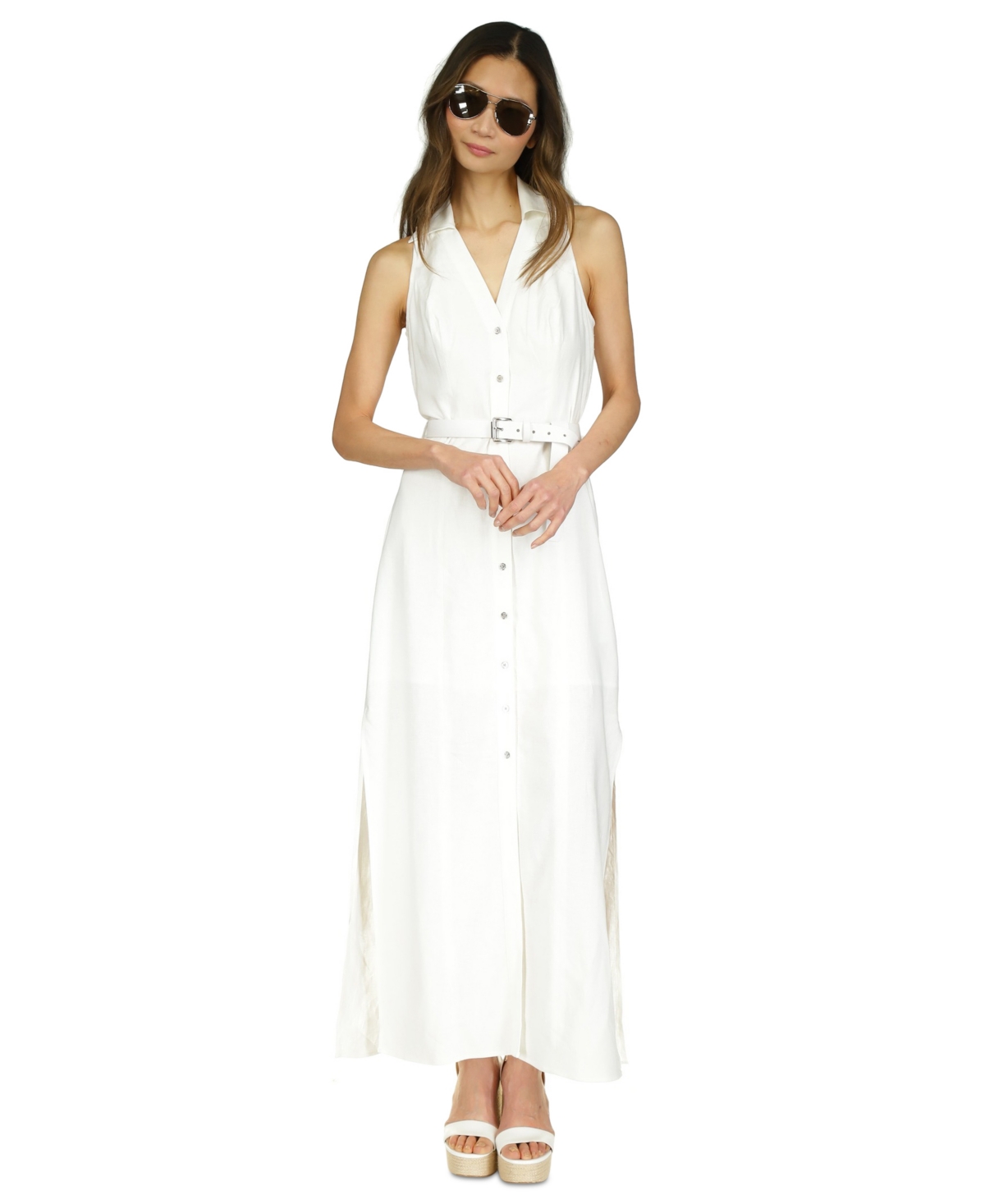 Shop Michael Kors Michael  Petite Belted Button-down Linen Maxi Dress In White