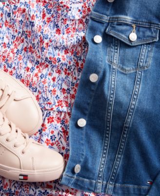 Shop Tommy Hilfiger Womens Smocked Floral Print Cotton Midi Dress Denim Jacket In Chespk Wash