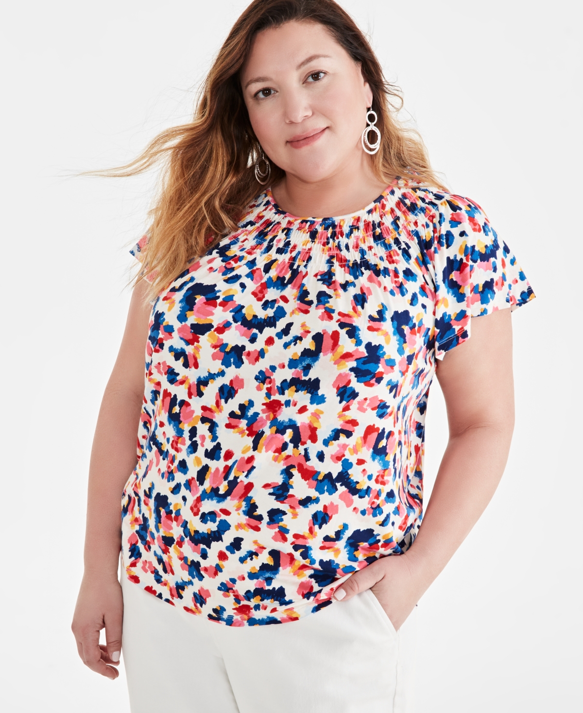 Plus Size Printed Gathered Scoop-Neck Flutter-Sleeve Top, Created for Macy's - Dye Neo Natural