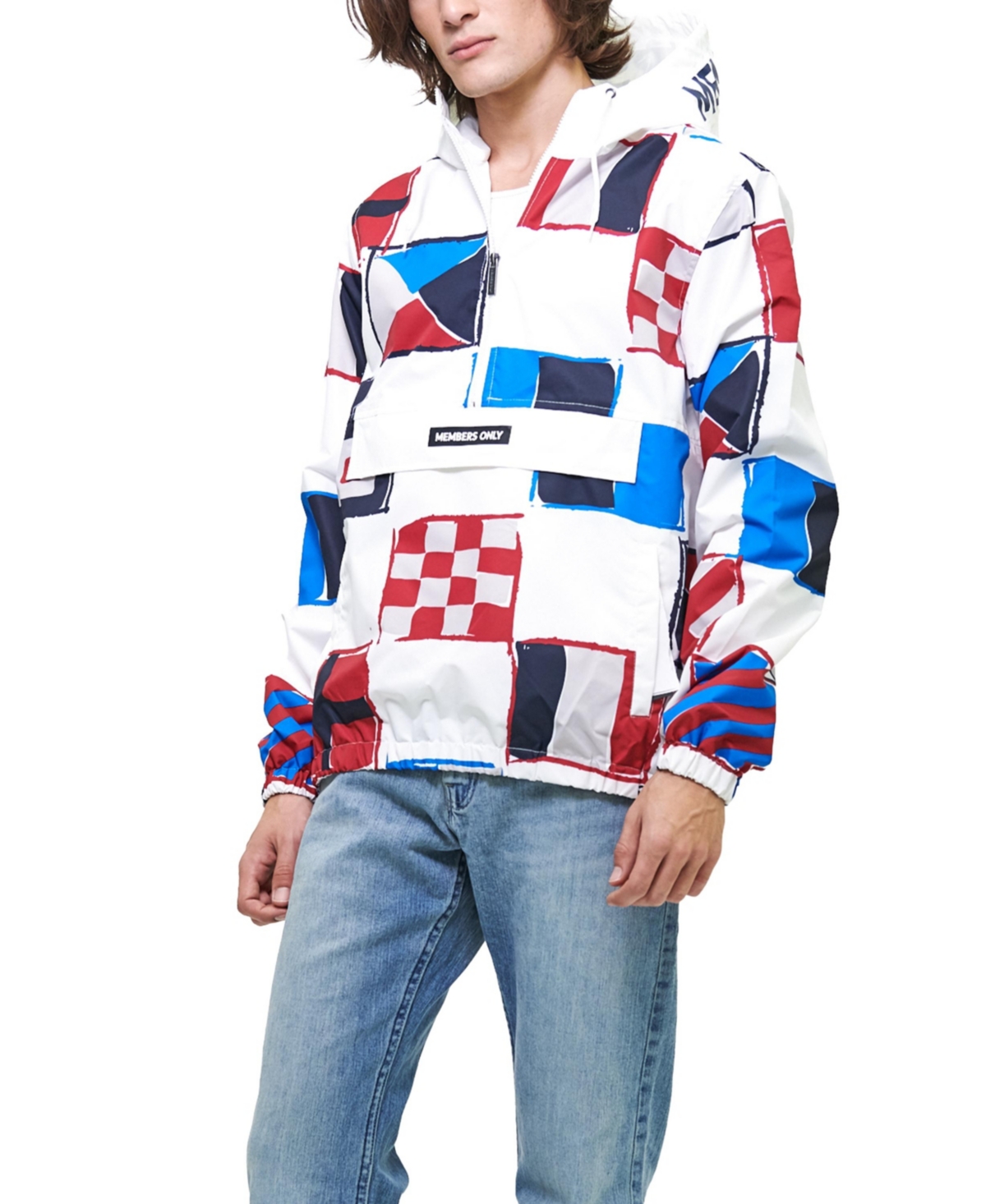 Men's Flag Print Pullover Windbreaker Jacket - White