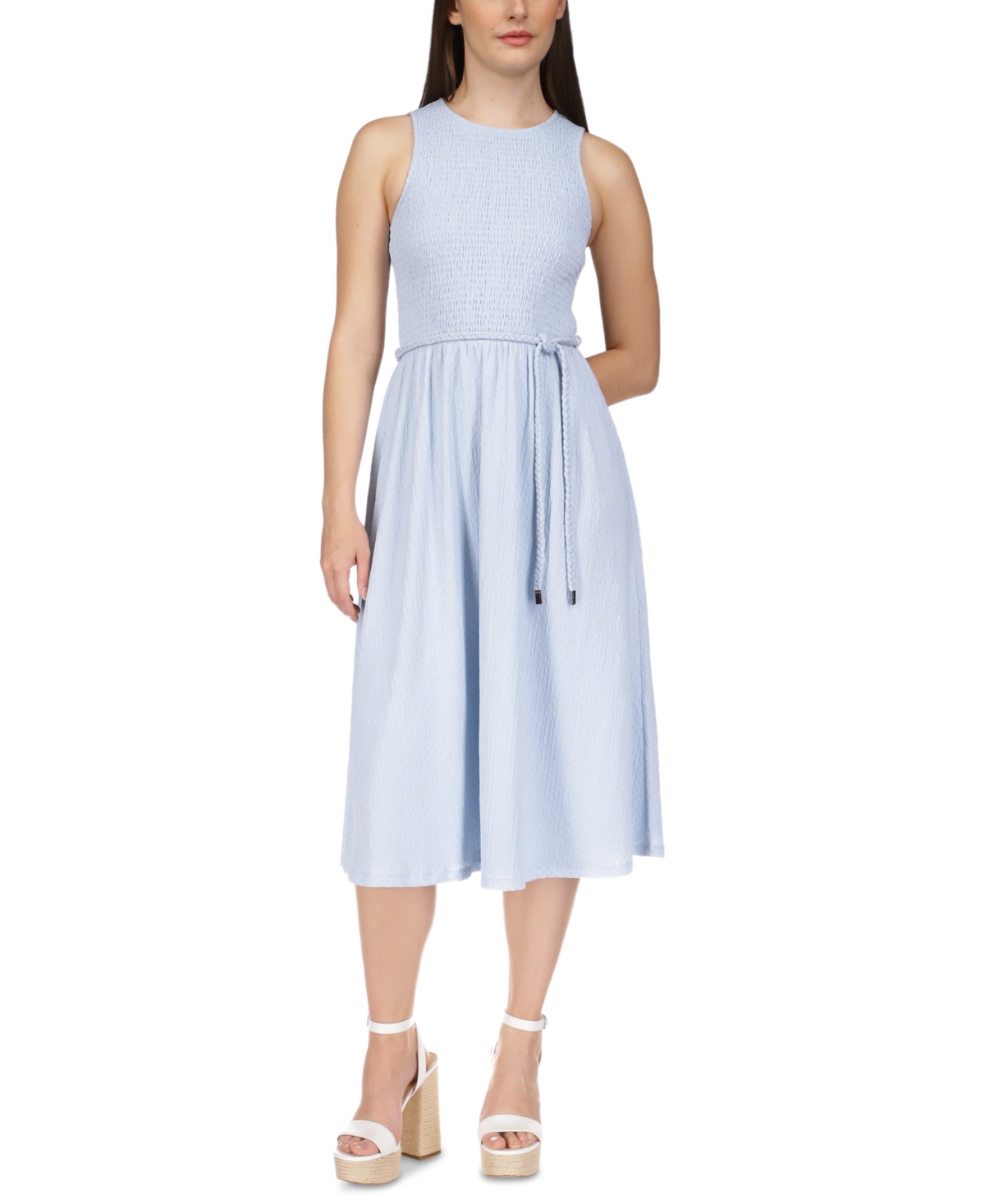 Shop Michael Kors Michael  Petite Smocked Tie-waist Midi Dress In Pastel Blu