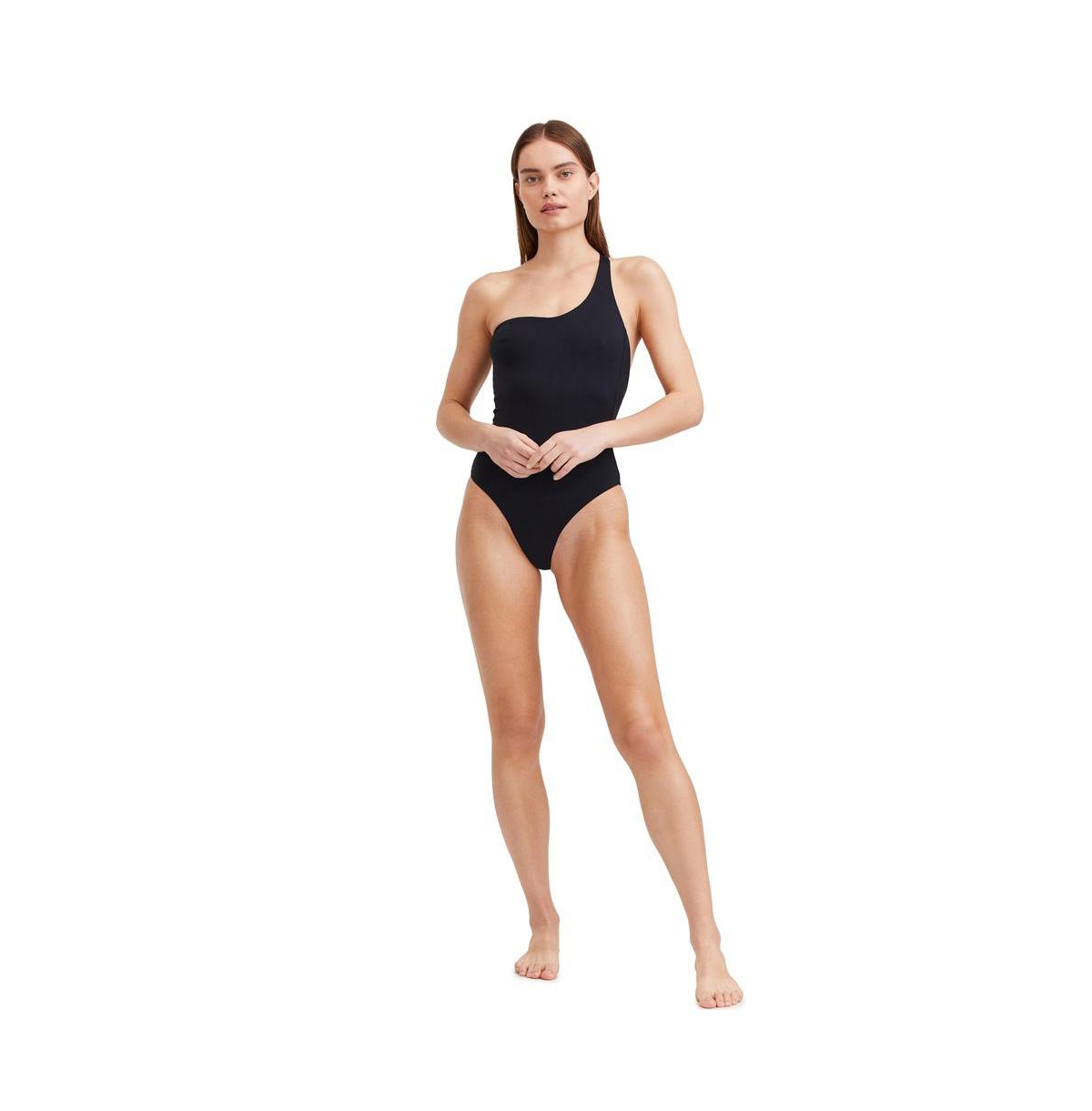 Women's Solid One shoulder one piece swimsuit - Black