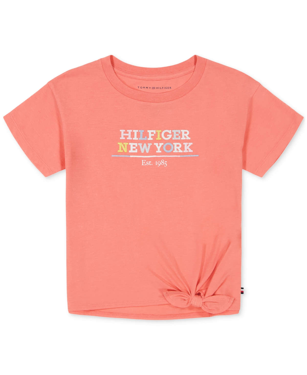Shop Tommy Hilfiger Little Girls Tie-front Logo Graphic T-shirt In Peach Dusk