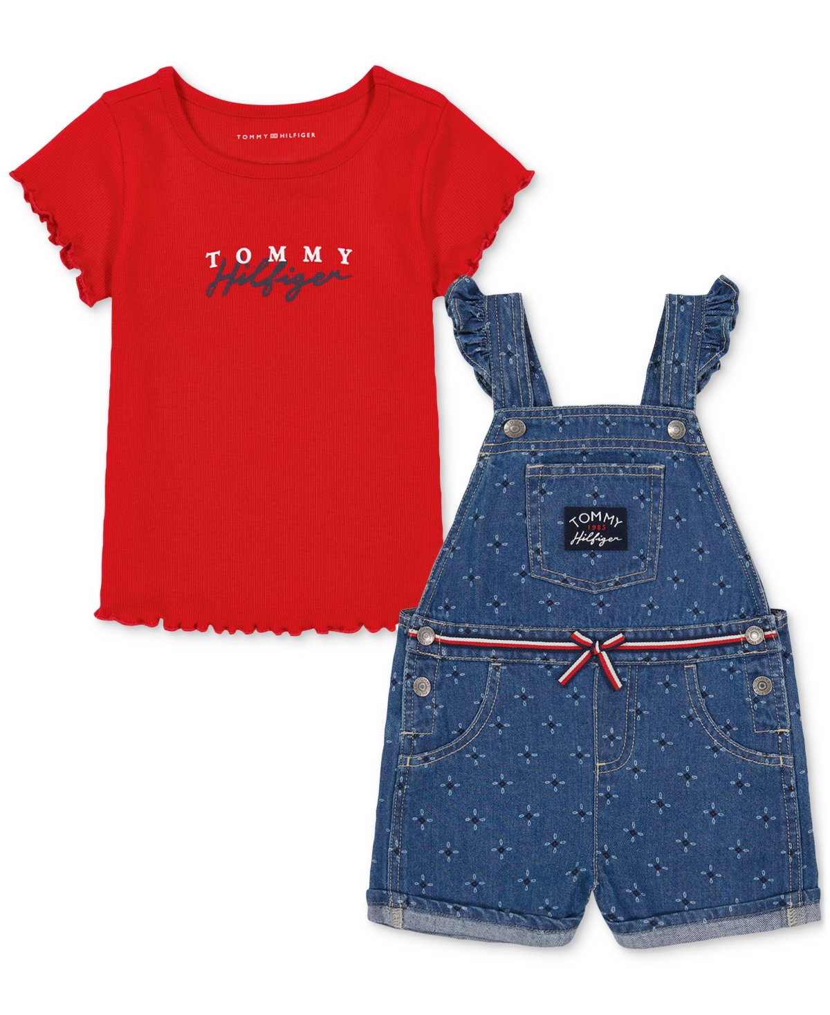 Shop Tommy Hilfiger Little Girls Ribbed Logo T-shirt & Printed Denim Shortall, 2 Piece Set In Assorted