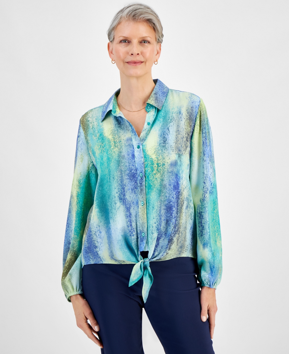 Jm Collection Petite Dye Dreams Tie-front Shirt, Created For Macy's In Amalfi Blue Combo