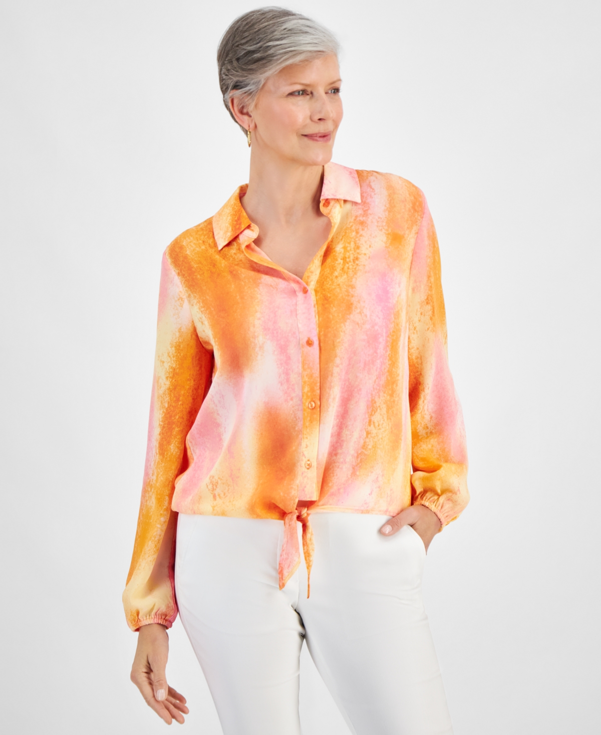 Shop Jm Collection Women's Printed Long Sleeve Button-front Tie-hem Top, Created For Macy's In Cheerful Tangerine Combo