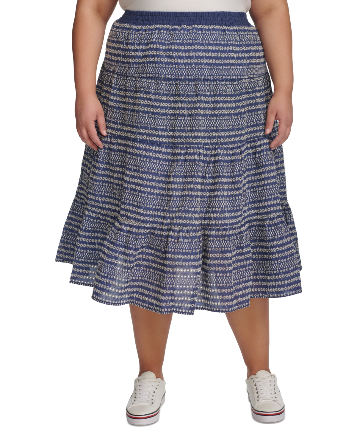 Plus Size Eyelet Tiered Midi Skirt - Denim/Ivory