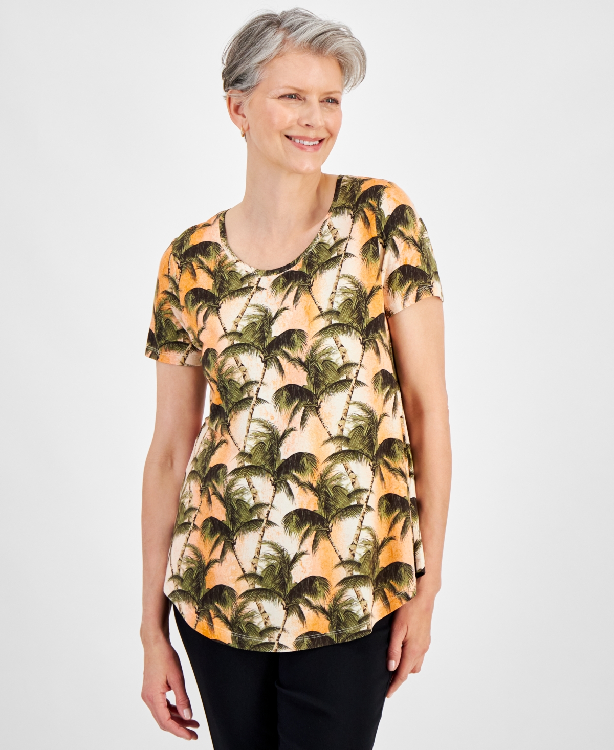 Jm Collection Women's Printed Scoop-Neck Short-Sleeve Top, Created for Macy's - Sante Fe Sun Combo