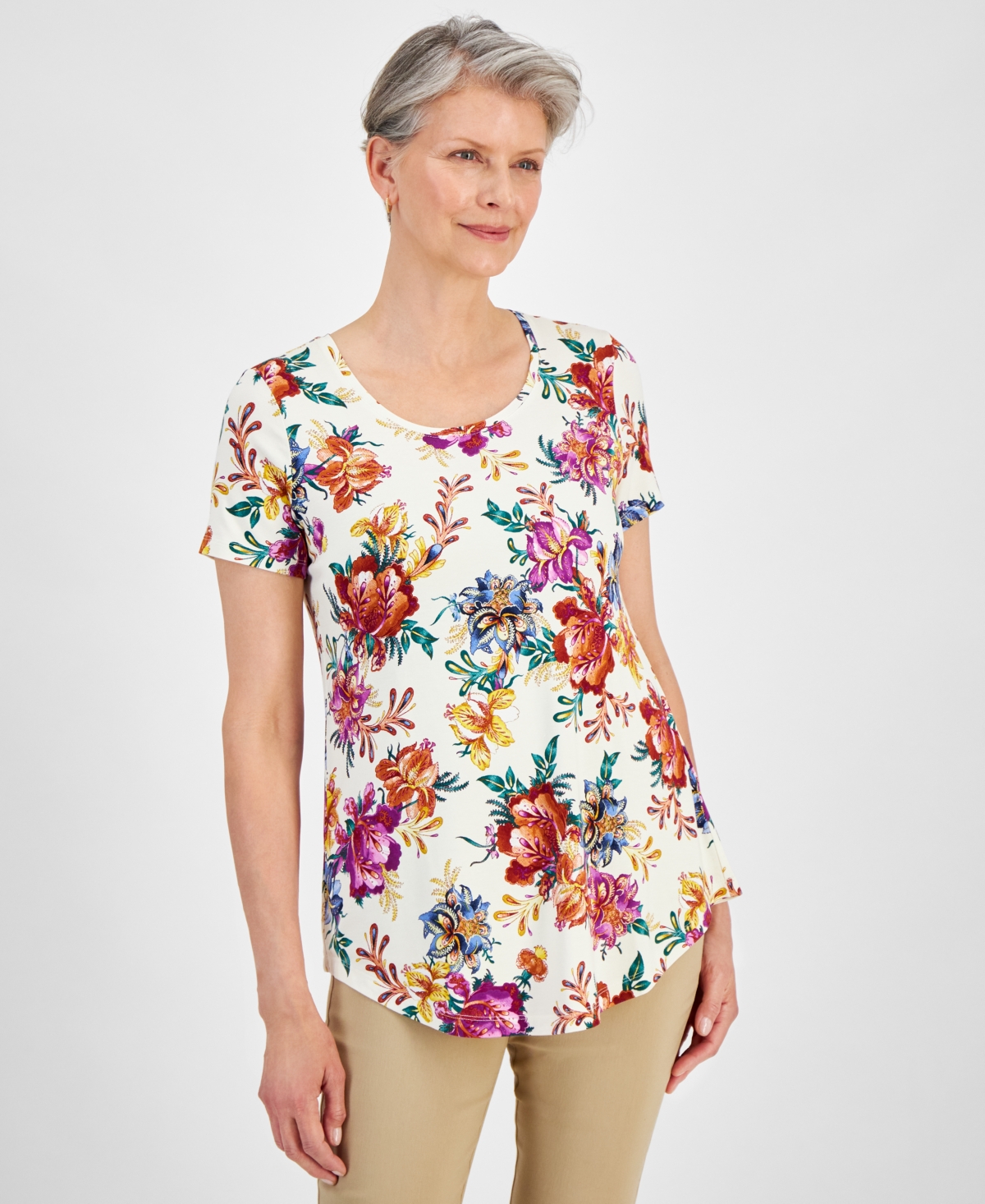 Women's Scoop-Neck Short-Sleeve Knit Top, Created for Macy's - Neo Natural Combo