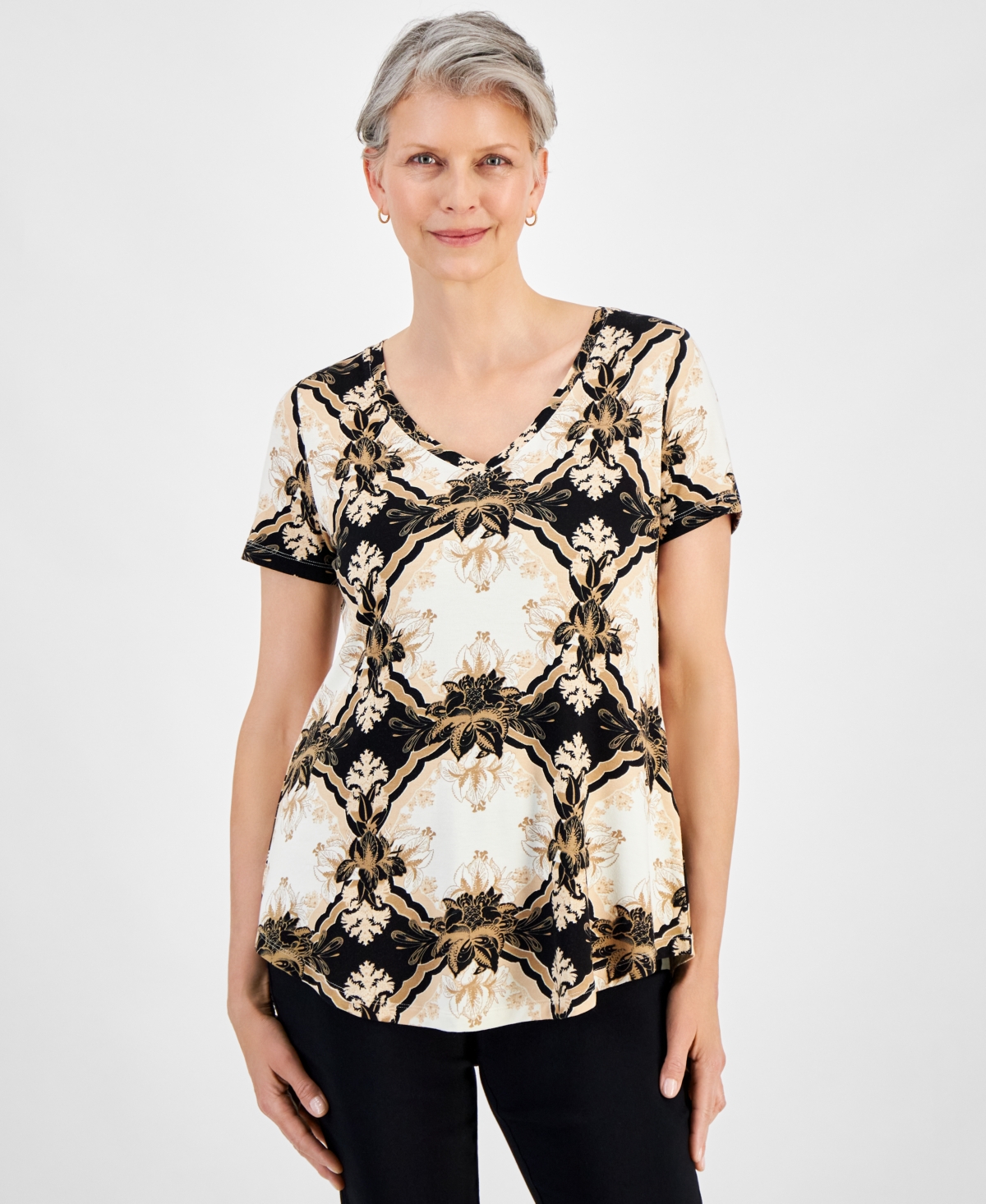 Shop Jm Collection Women's Printed V-neck Short-sleeve Knit Top, Created For Macy's In Deep Black Combo