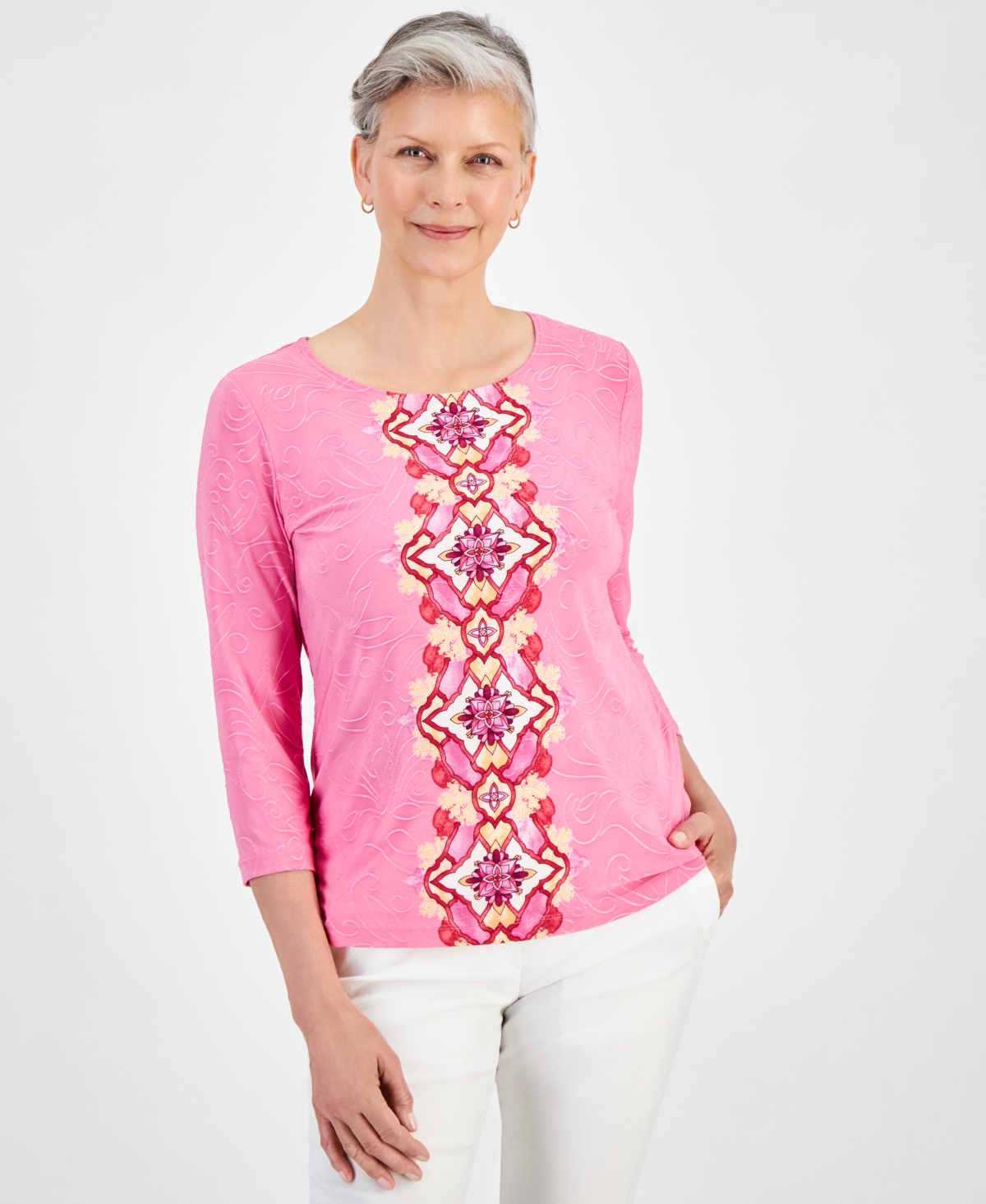 Women's Jacquard Printed 3/4-Sleeve Top, Created for Macy's - Phlox Pink Combo
