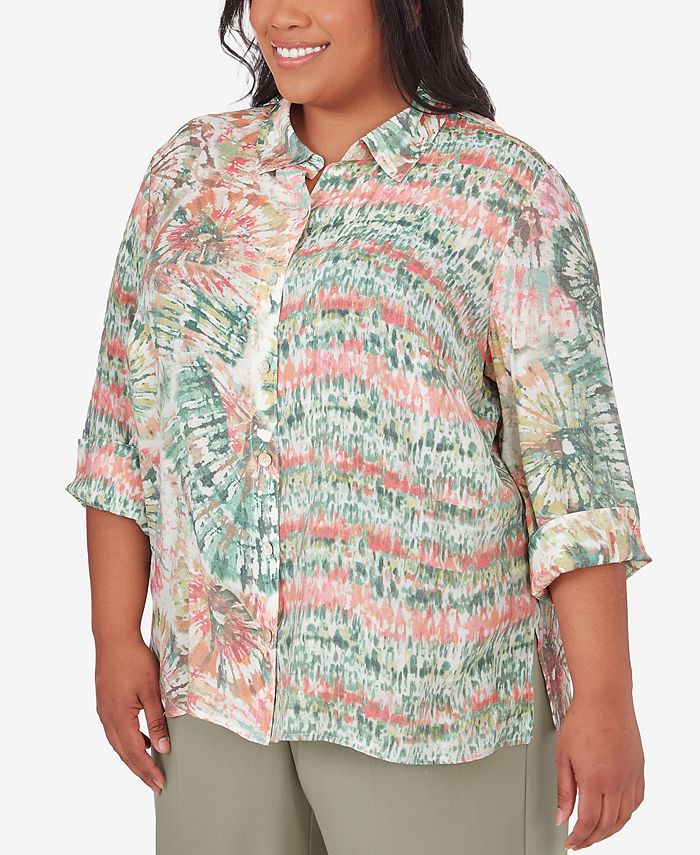 Alfred Dunner Plus Size Tuscan Sunset Tie Dye Button Down Blouse - Macy's