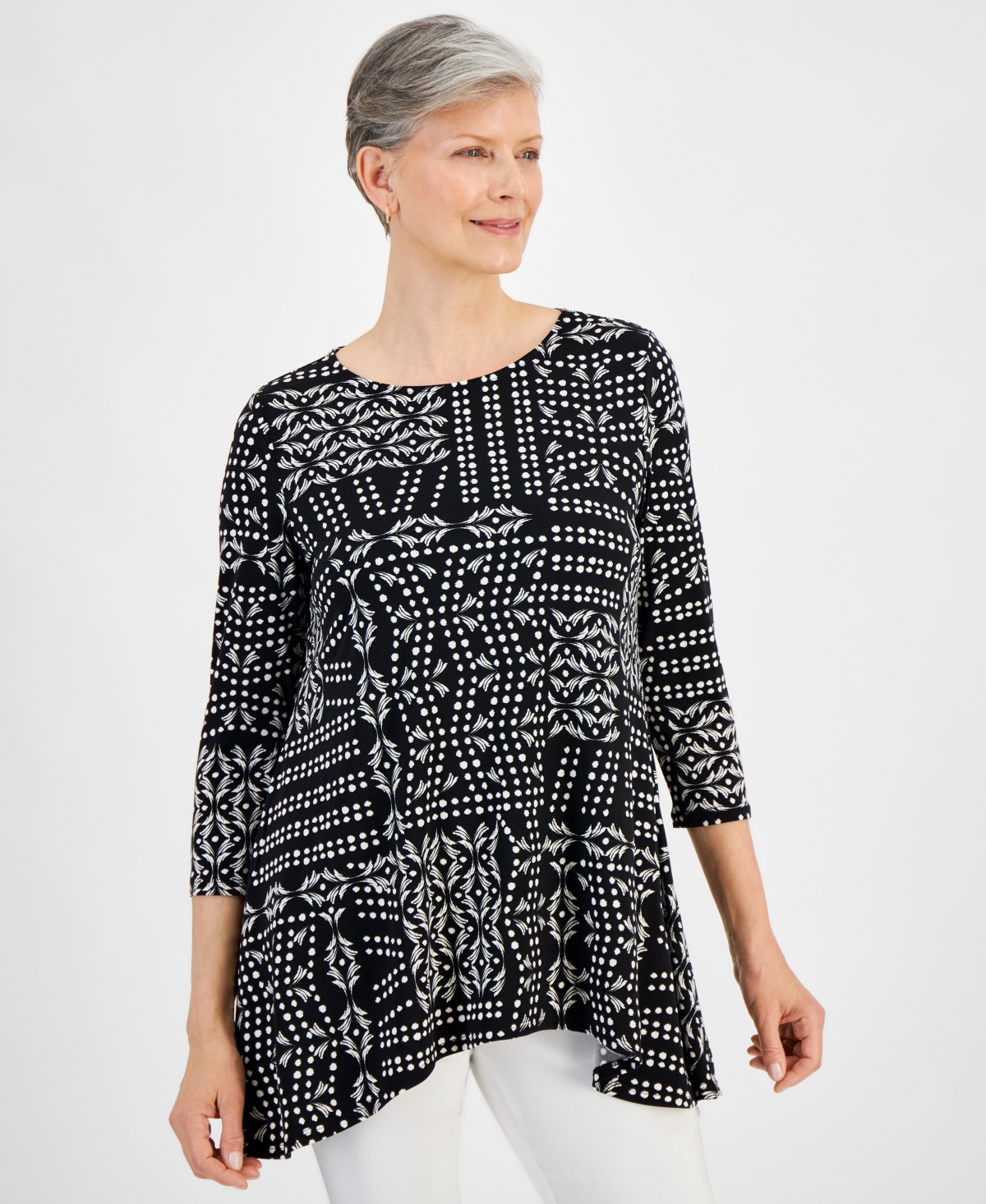 Shop Jm Collection Women's 3/4 Sleeve Printed Jacquard Top, Created For Macy's In Deep Black Combo