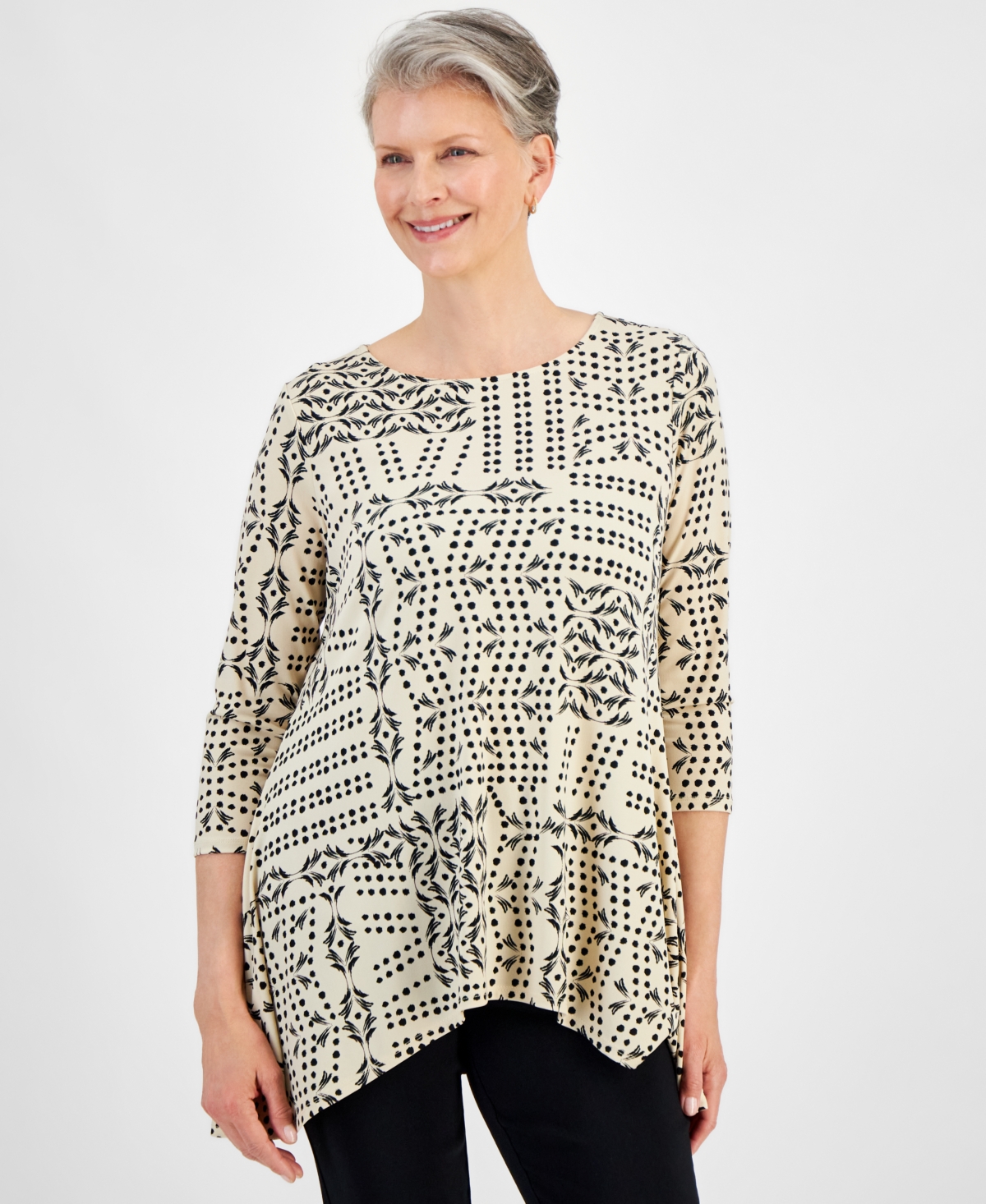 Shop Jm Collection Women's 3/4 Sleeve Printed Jacquard Top, Created For Macy's In Stone Combo