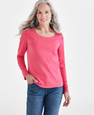 Style & Co - Petite Scoop-Neck Long-Sleeve Cotton Top