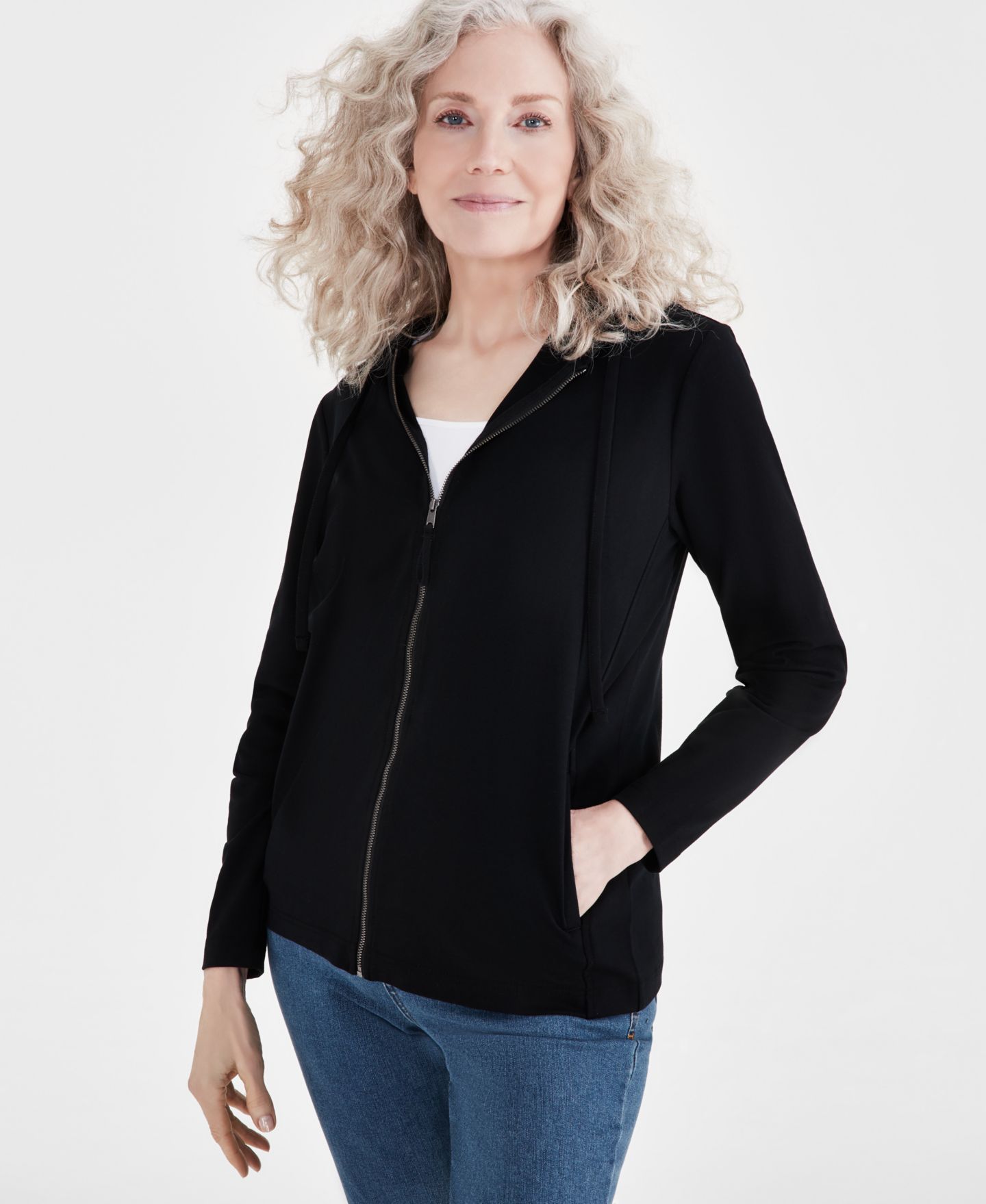 Женское худи Style & Co Petite Zip-Front Long-Sleeve, цвет: Глубокий чёрный — фото 1