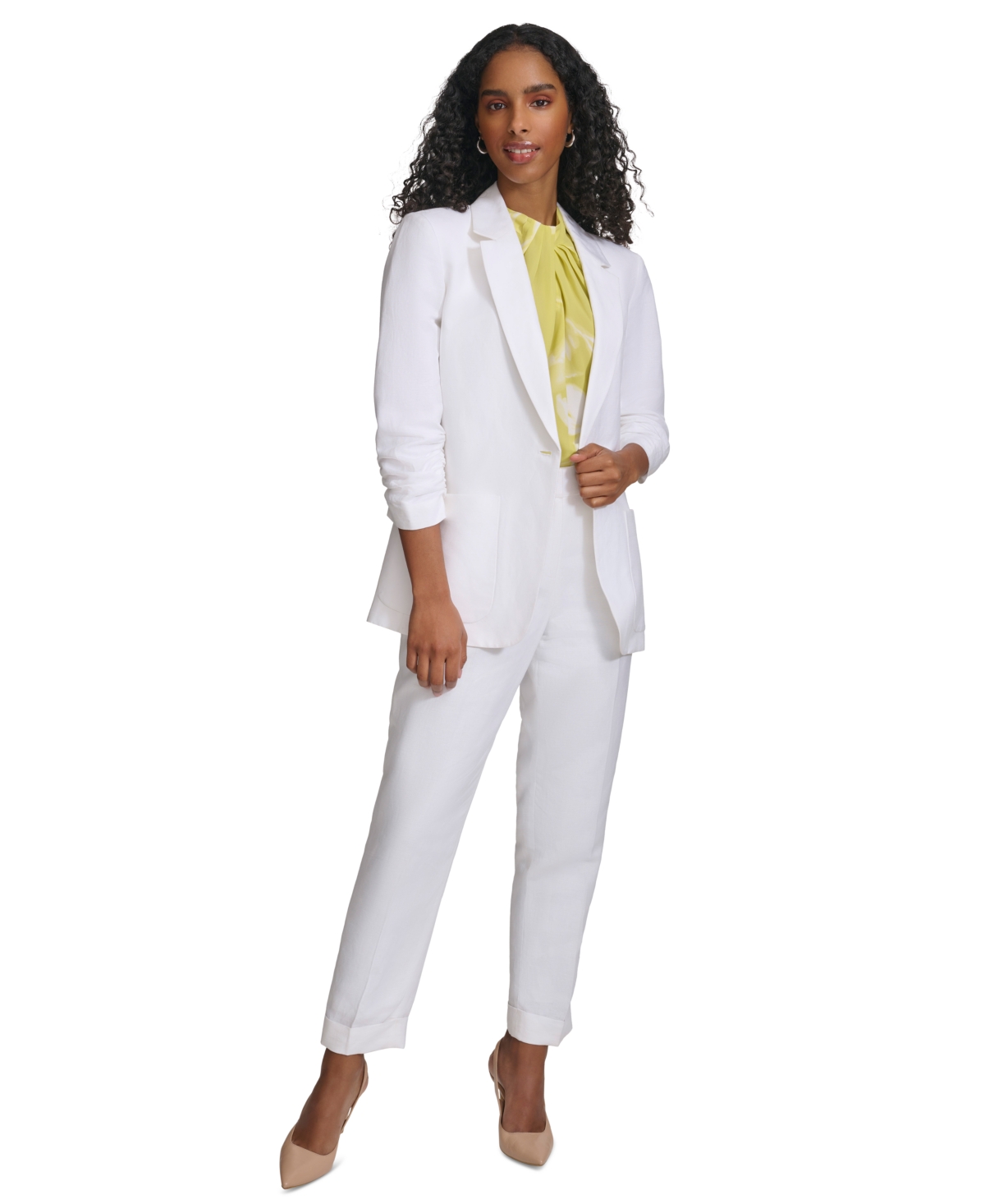 Shop Calvin Klein Petite Notch-label Ruched-sleeve Jacket In White