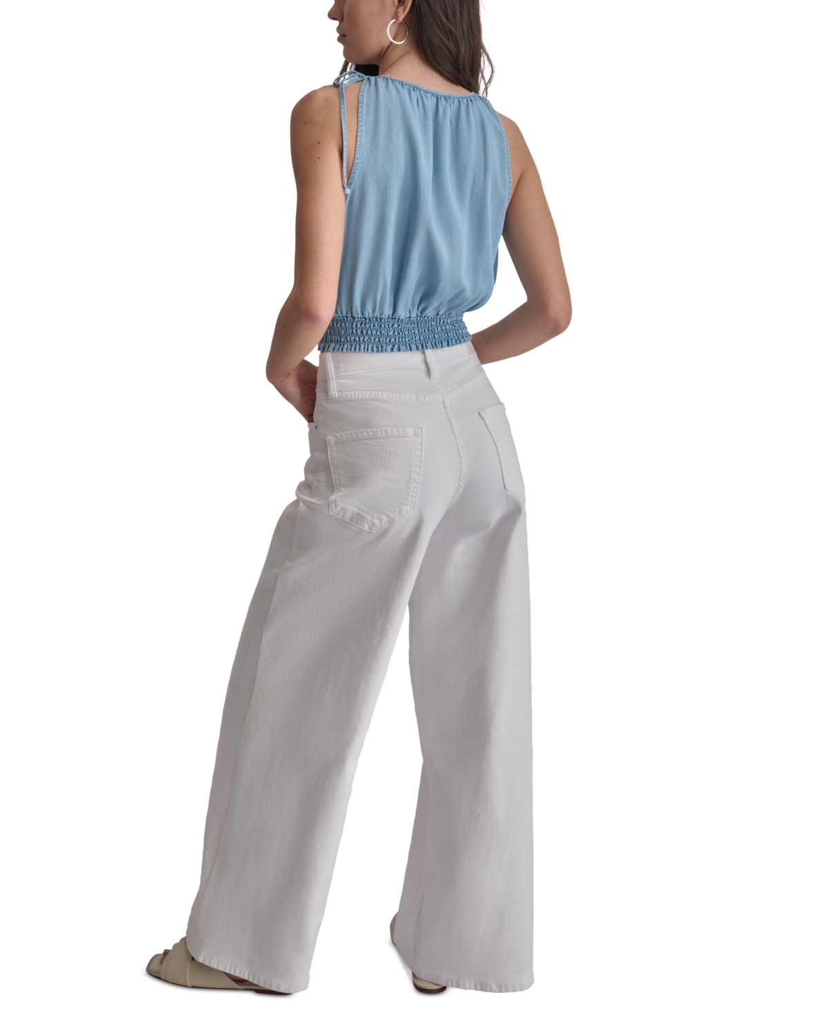 DKNY JEANS WOMEN'S SMOCKED-WAIST SLEEVELESS CROP TOP 