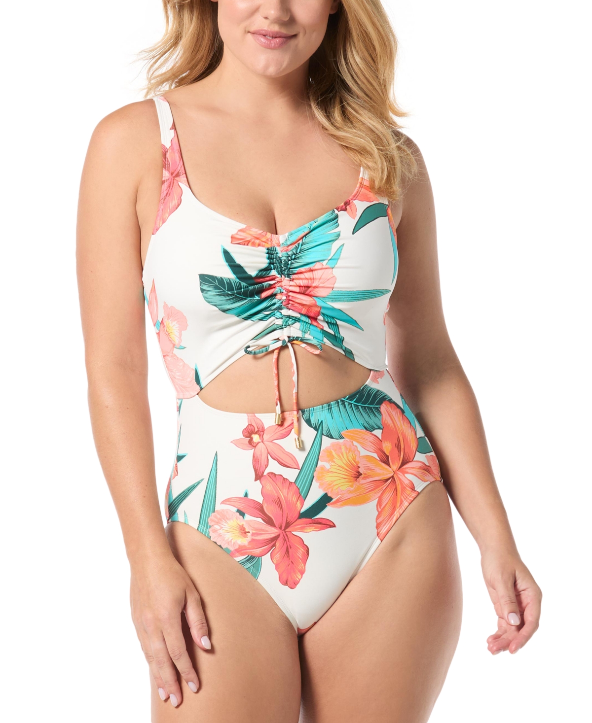Sassy Printed Cut-Out Ruched One-Piece Swimsuit - White
