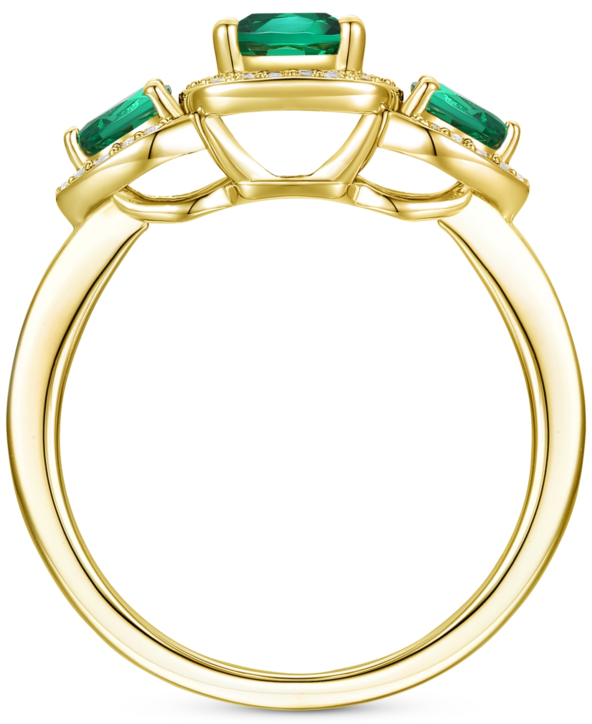 Shop Macy's Emerald (7/8 Ct. T.w.) & Lab-grown White Sapphire (1/6 Ct. T.w.) Three Stone Halo Ring In 14k Gold-p