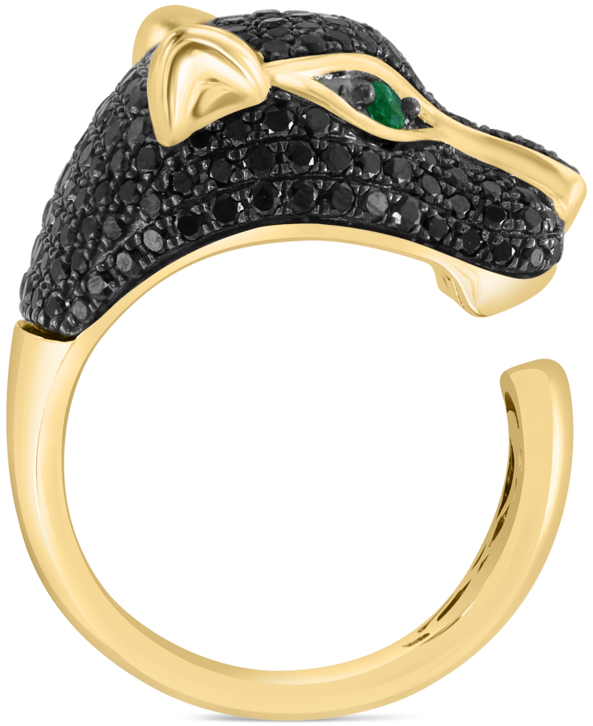 Effy Collection Effy Black Diamond (1-3/4 Ct. T.w.) & Emerald (1/10 Ct. T.w.) Panther Head Ring In 14k Gold In Yellow Gol