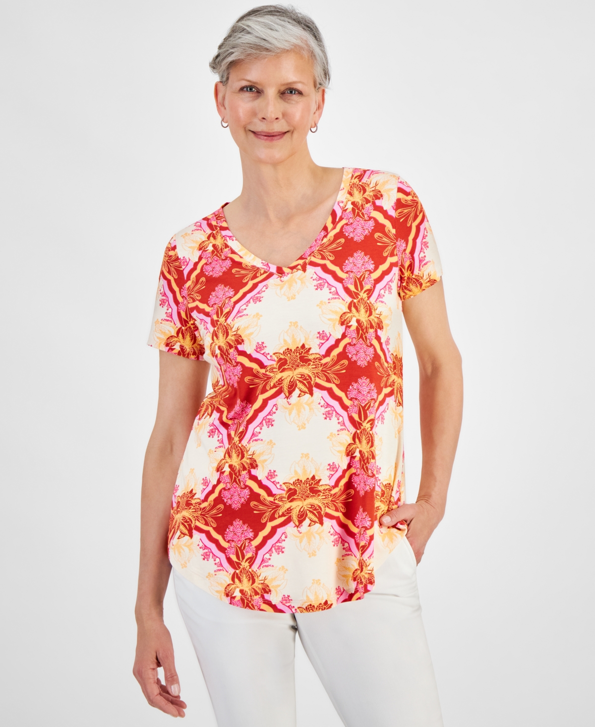 Women's Printed V-Neck Short-Sleeve Knit Top, Created for Macy's - Pumpkin Seed Combo