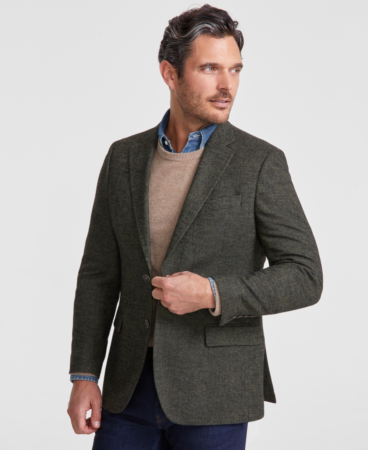 Men's Modern-Fit Solid Herringbone Tweed Sport Coat - Olive Herringbone
