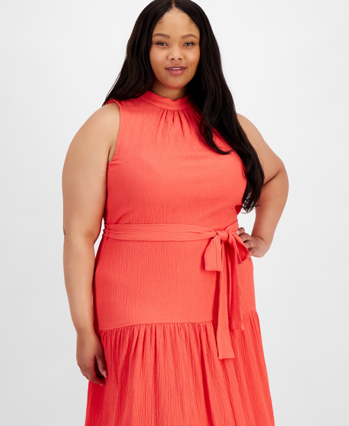 Shop Anne Klein Plus Size Tie-neck Tiered Maxi Dress In Red Pear