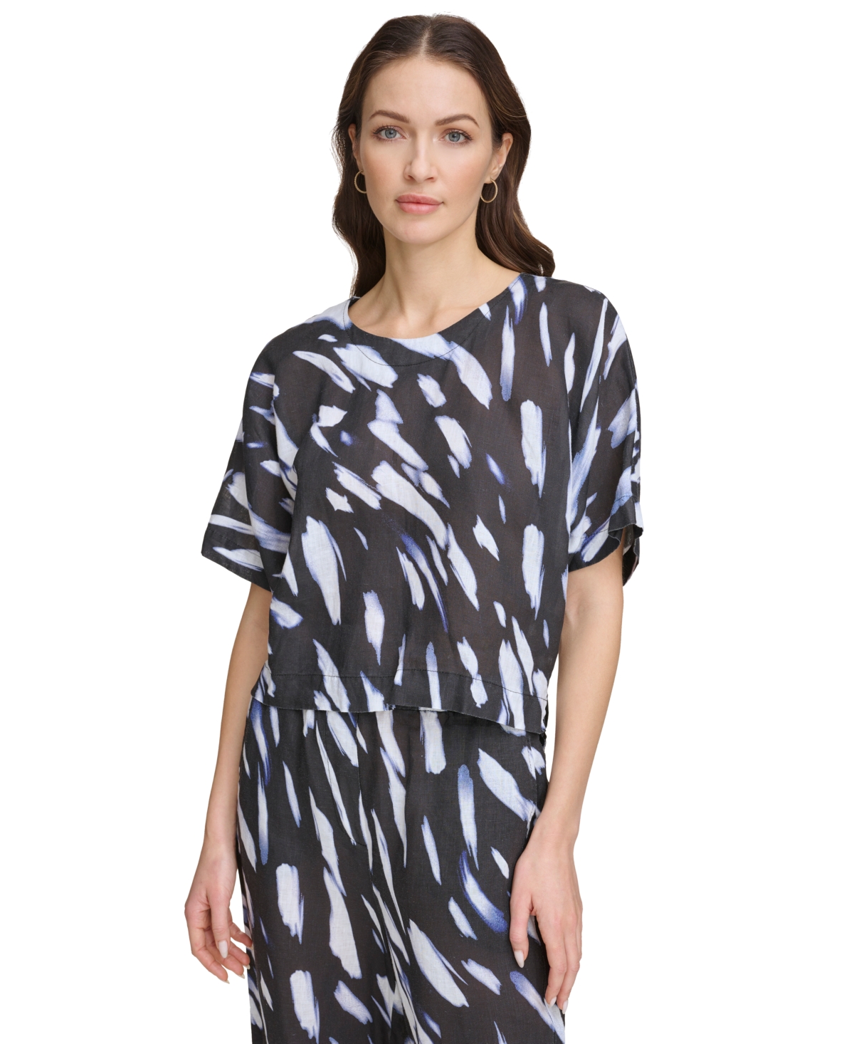 Shop Dkny Women's Printed Linen Drop-shoulder Short-sleeve Crop Top In Blk,wave B