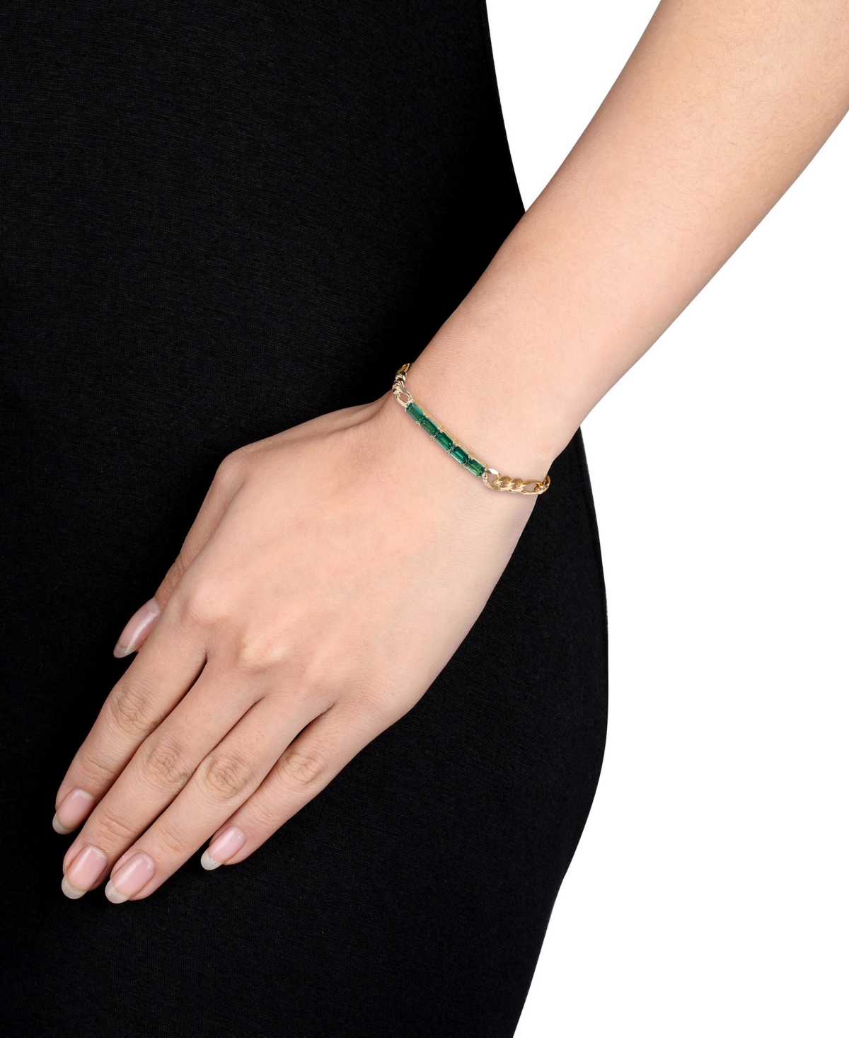 Shop Macy's Lab-grown Emerald Five Stone Figaro Link Bracelet (2-1/4 Ct. T.w.) In Yellow-plated Sterling Silver