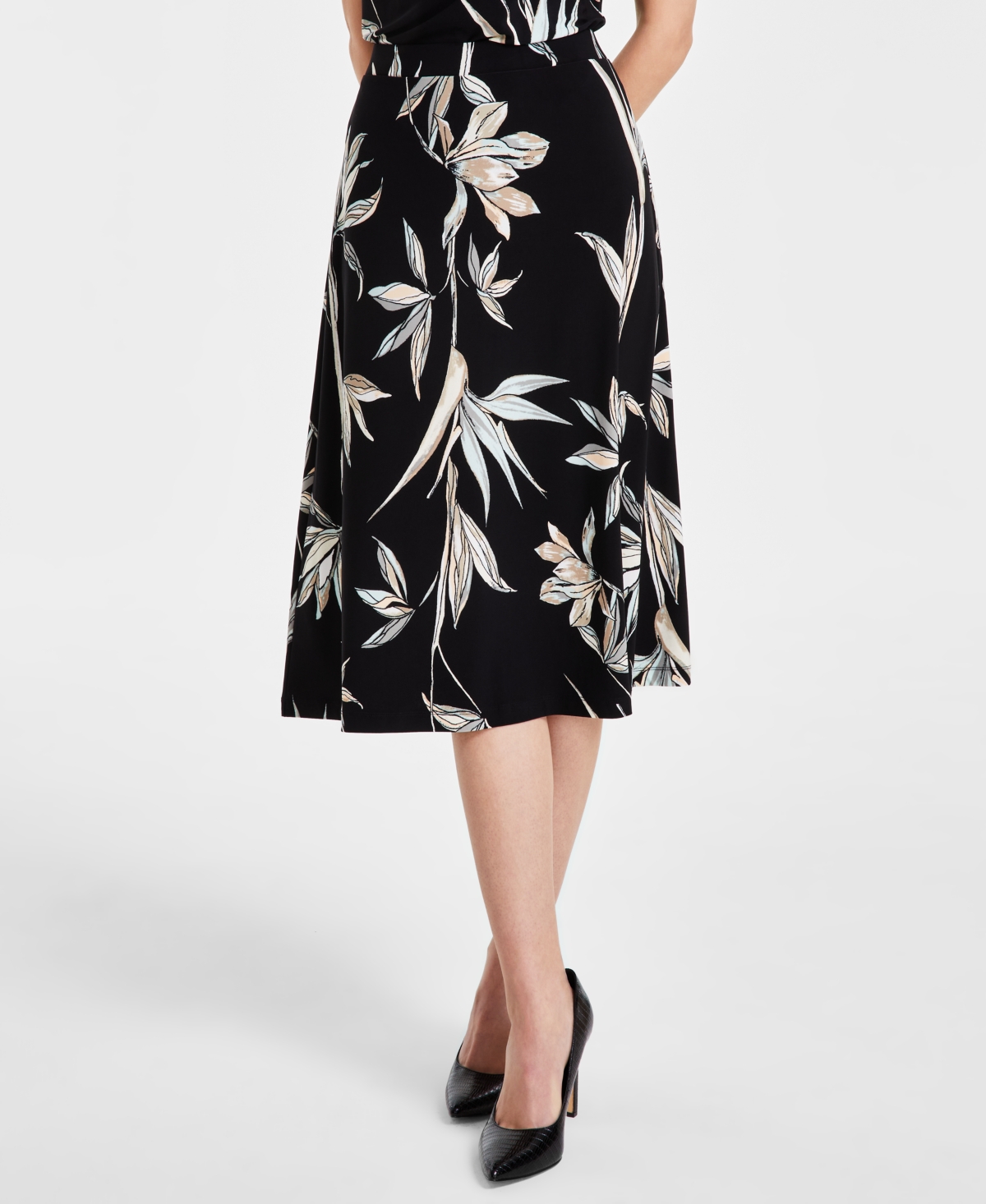 Women's Printed Flared Midi Skirt - Black Multi