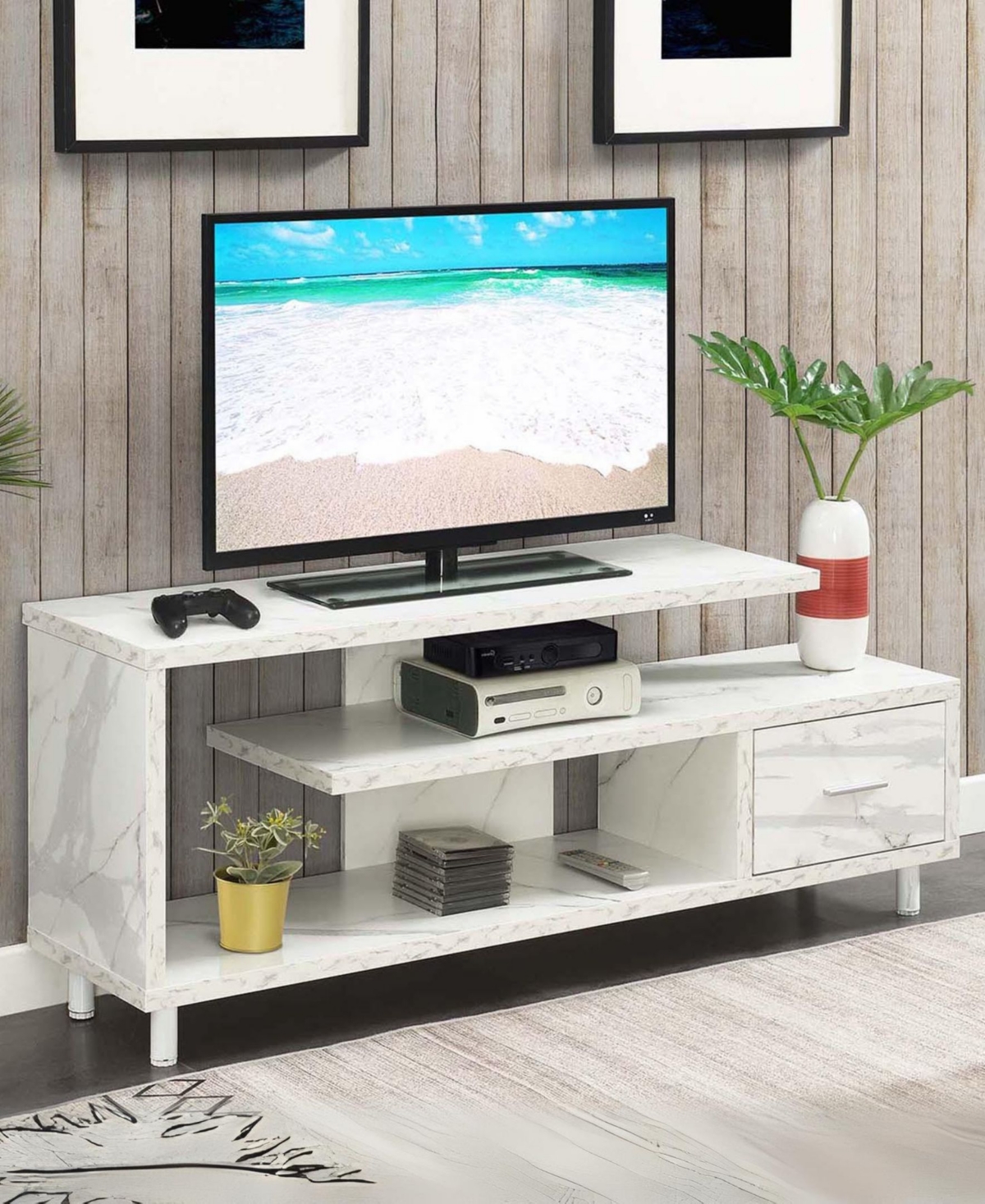 Shop Convenience Concepts 59" Seal Ii 1 Drawer 65 Inch Tv Stand With Shelves In White Faux Marble