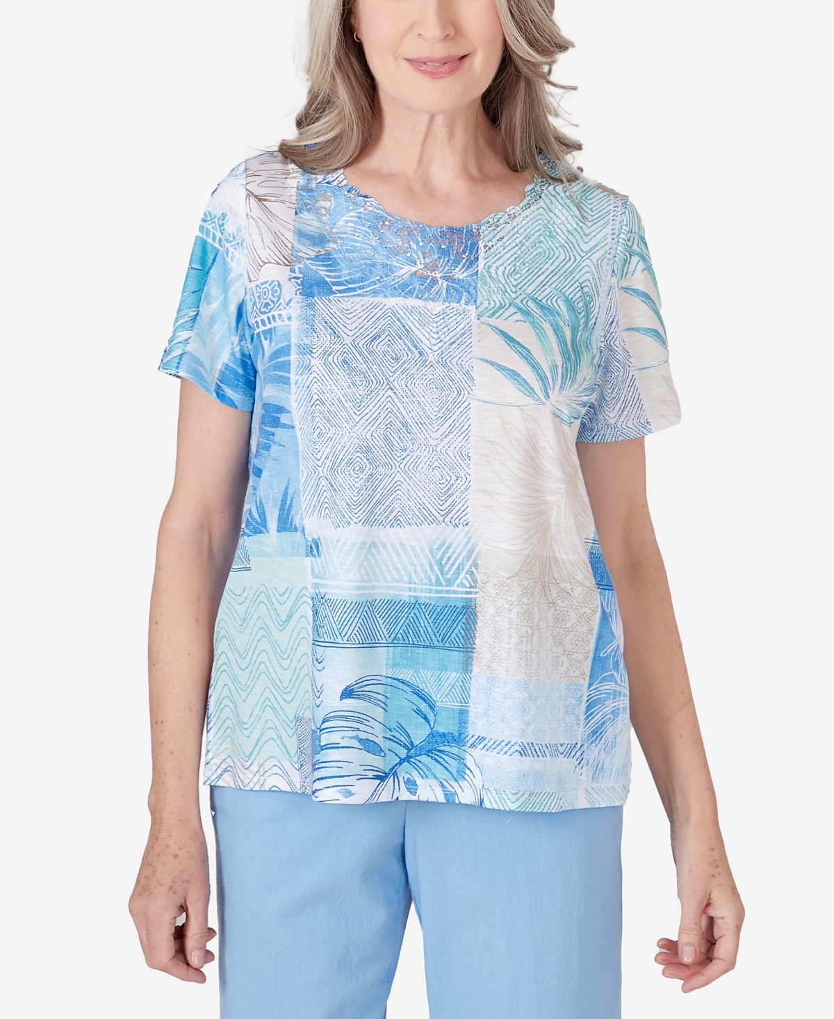 Shop Alfred Dunner Women's Hyannisport Patchwork Leaf Lace Detail Short Sleeve T-shirt In Multi