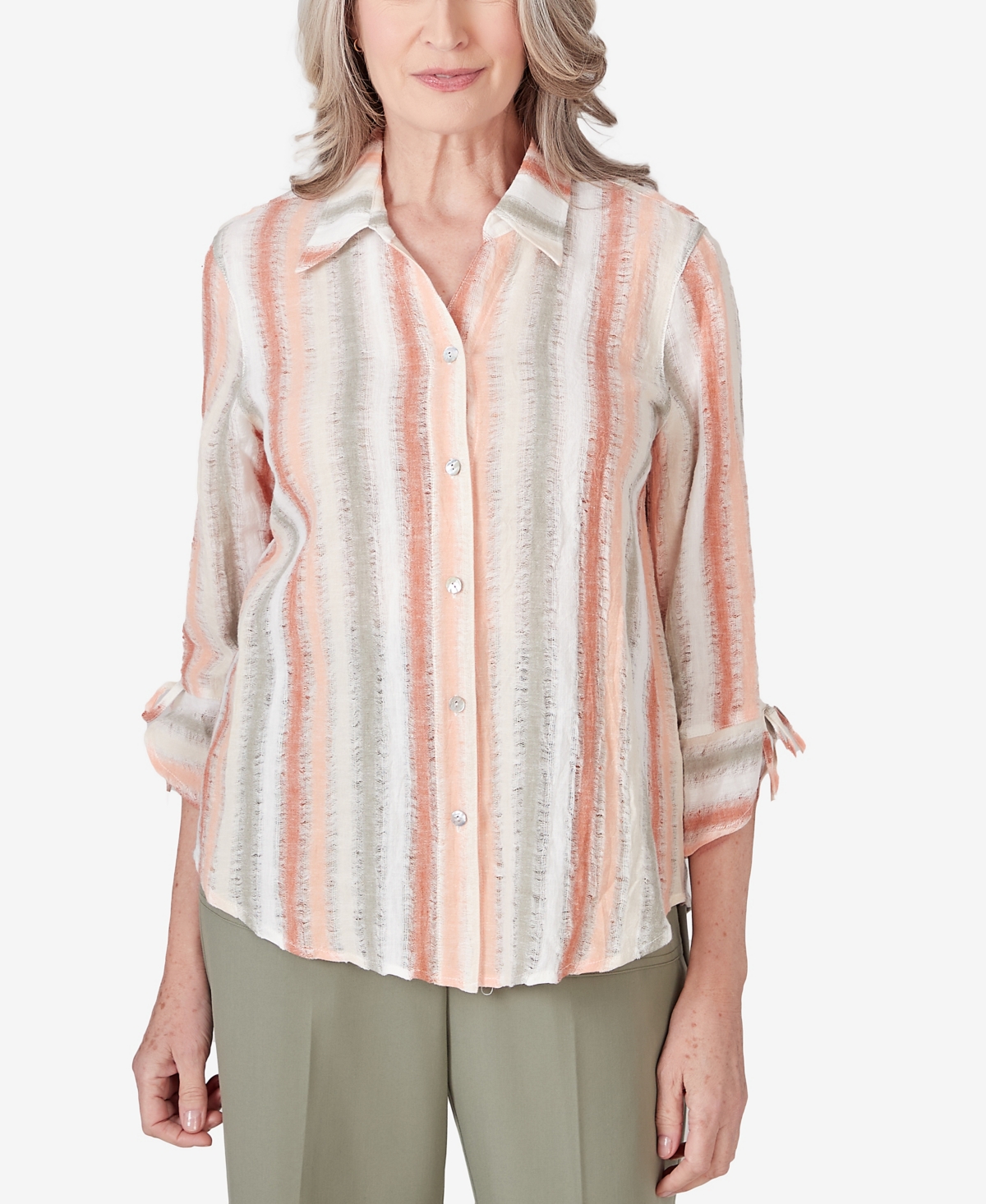Alfred Dunner Women's Tuscan Sunset Striped Textured Button Down Top In Multi