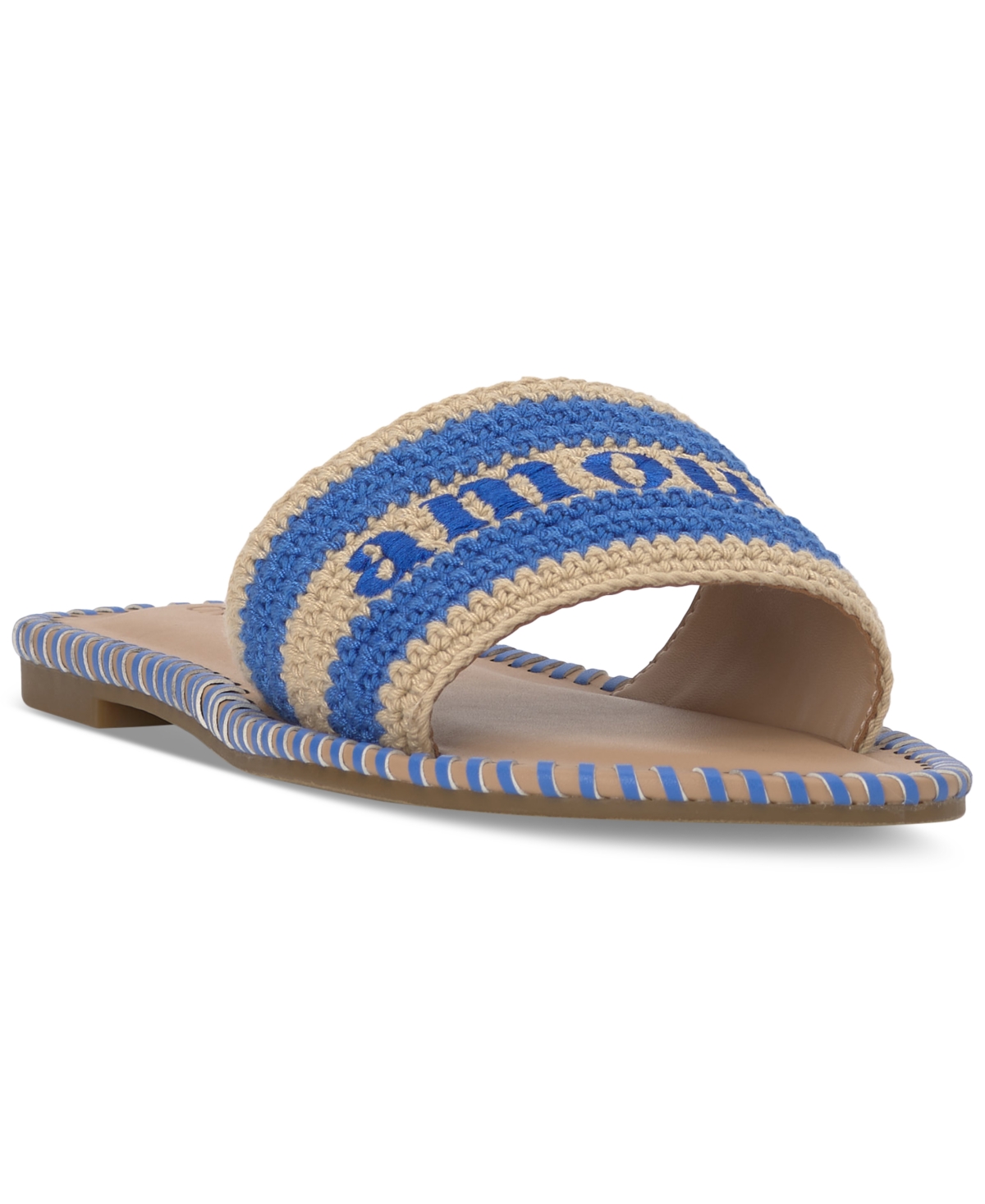 Women's Madelyn Slip-On Woven Flat Sandals, Created for Macy's - Natural/Blue Raffia