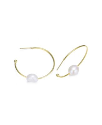 Stylish Sterling Silver 14K Gold Plating and Genuine Freshwater Pearl Round Hoop Earrings