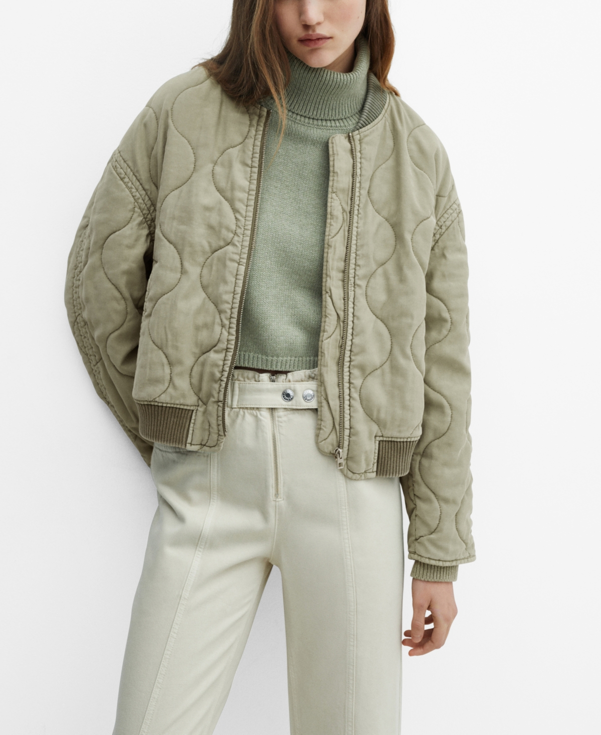 Women's Quilted Bomber Jacket - Beige-Kh