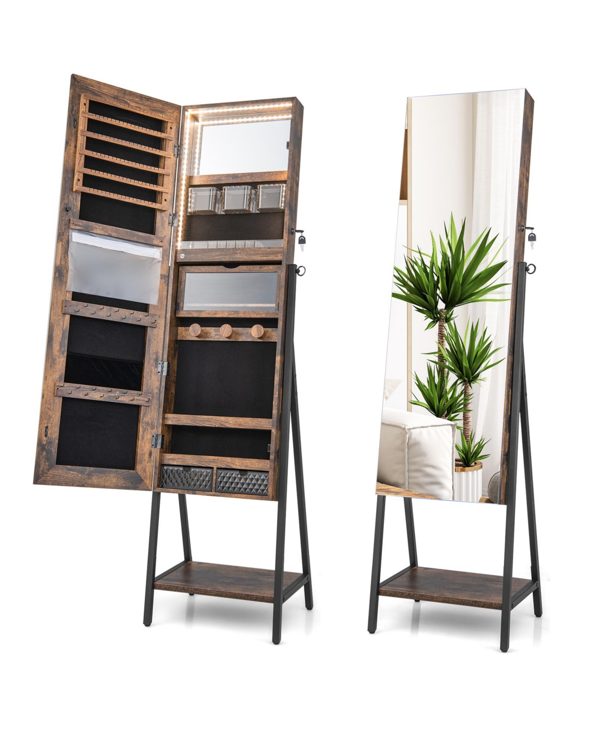 Freestanding Jewelry Cabinet with Full-Length Mirror - Brown