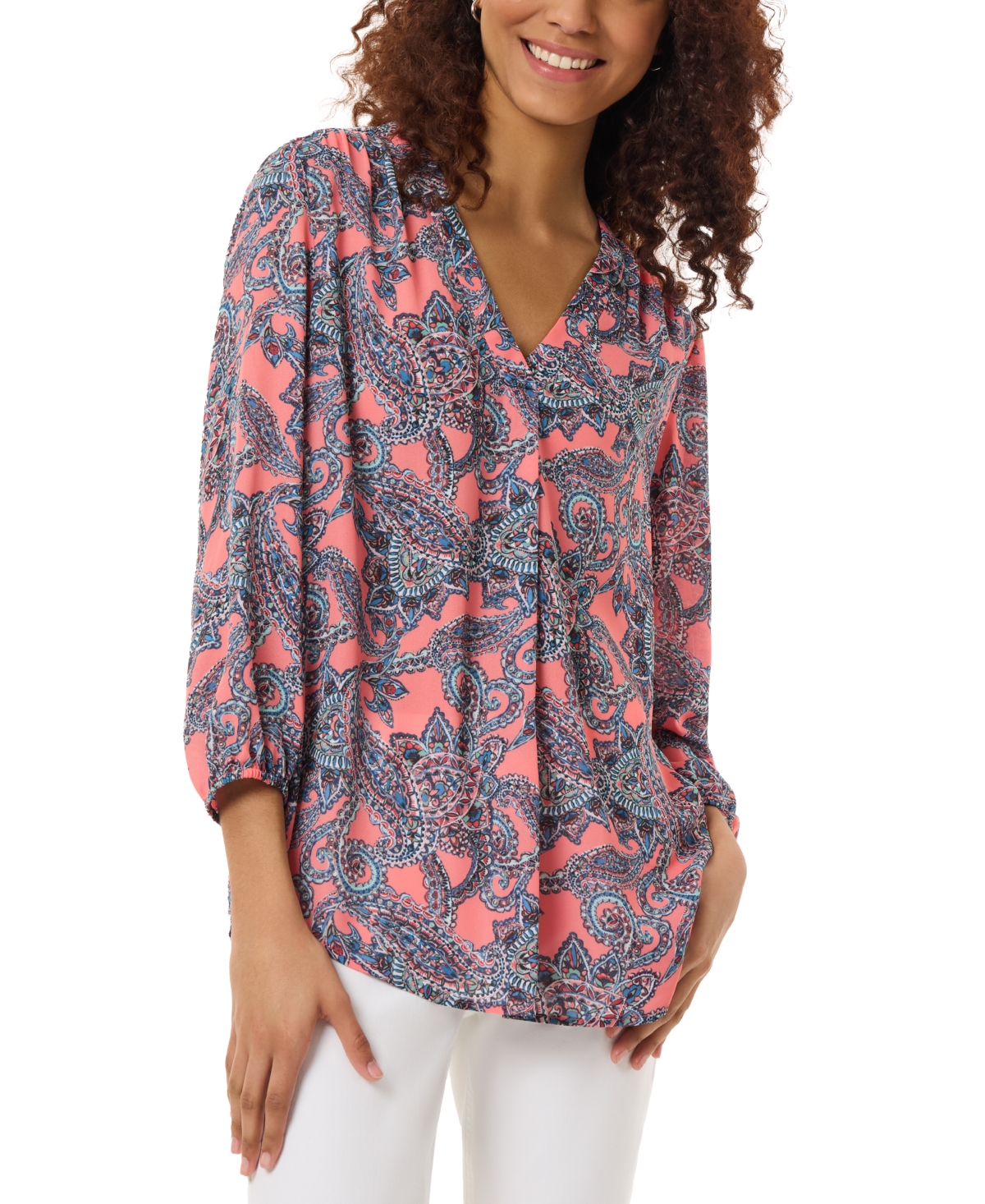 Women's Printed V-Neck 3/4-Sleeve Top - Coral Sun